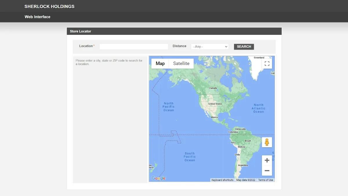 Screenshot of a sample map view on Caspio's Store Locator app.