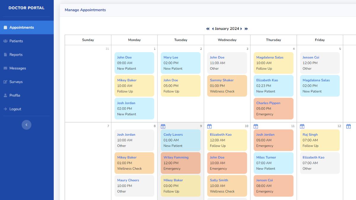 Screenshot of a sample appointments calendar on Caspio's Patient Portal app.