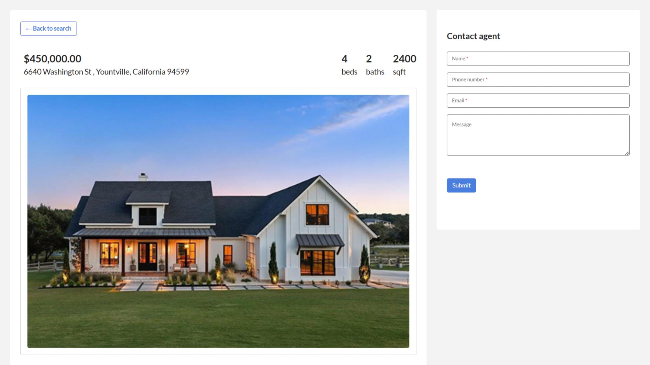 Customers can view property details, images, location map and contact agent directly from the listing page.