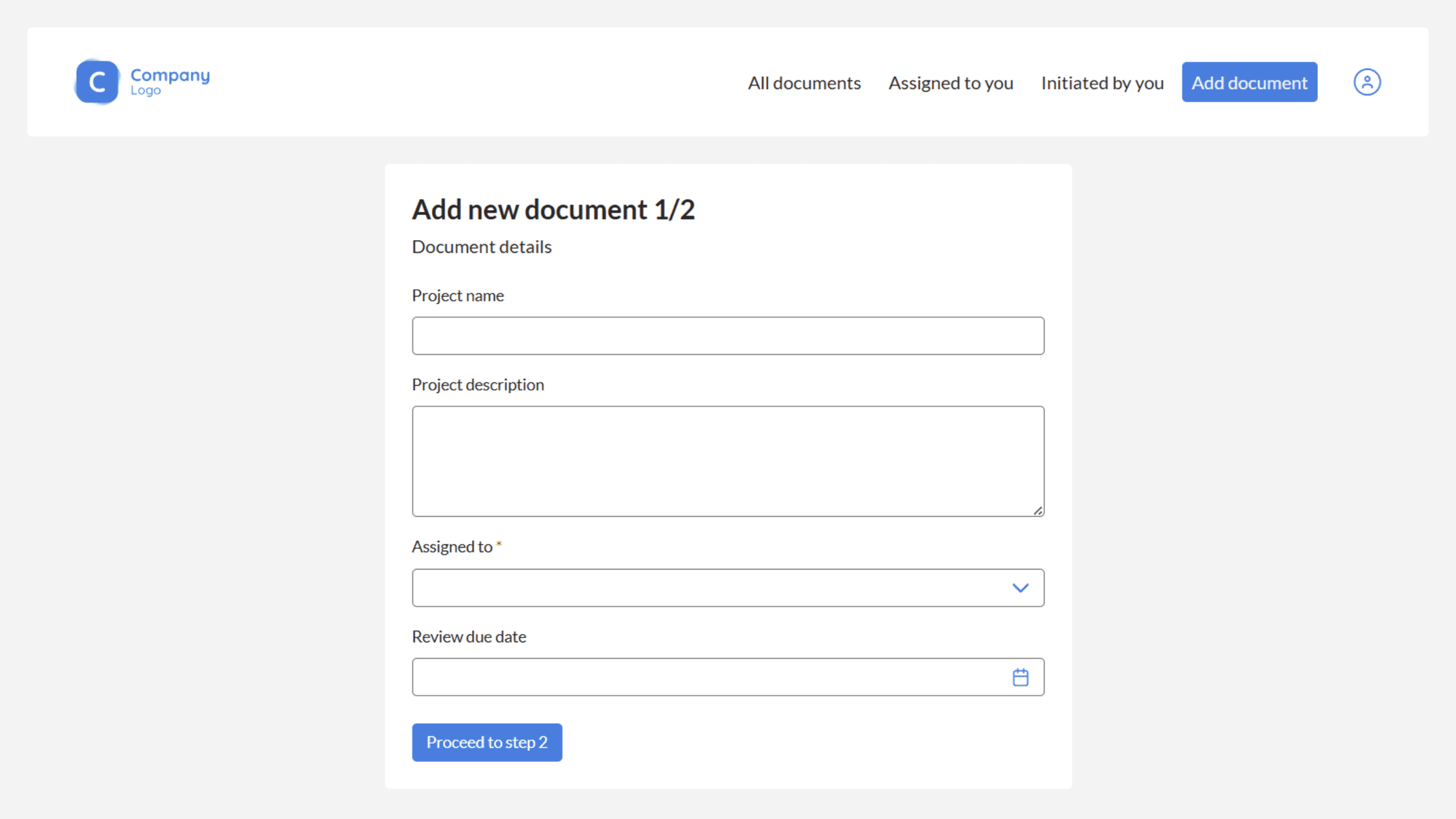 Submit a new document for review by entering project details, assigning reviewers, and setting review due dates as part of a structured document review workflow. 