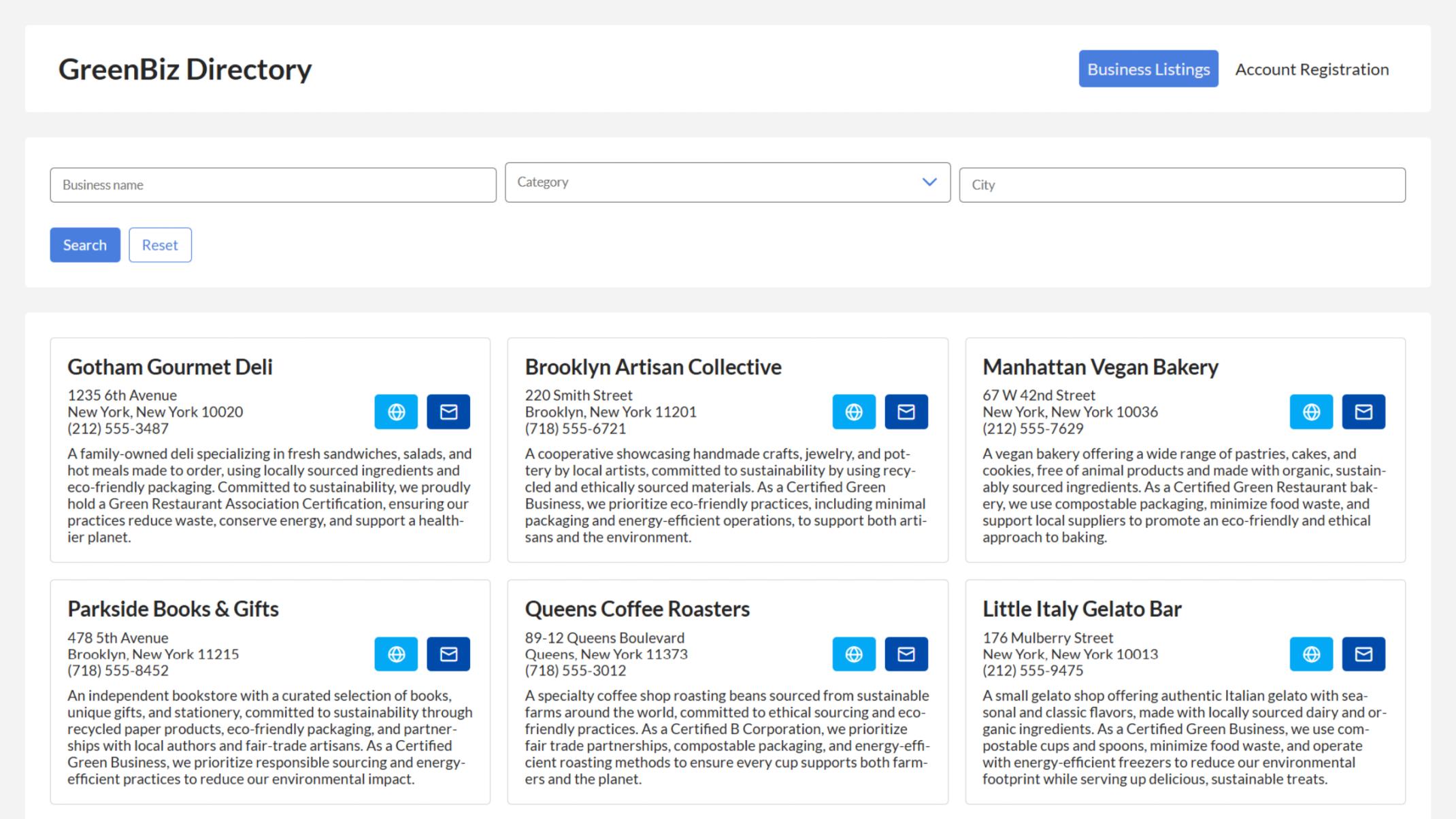 Users can browse and search business listings by name, category or location using a public-facing interface.