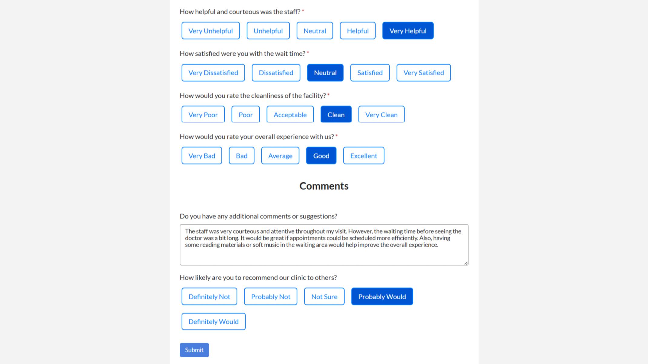 Displays satisfaction scale, multiple-choice, and open-text feedback questions.