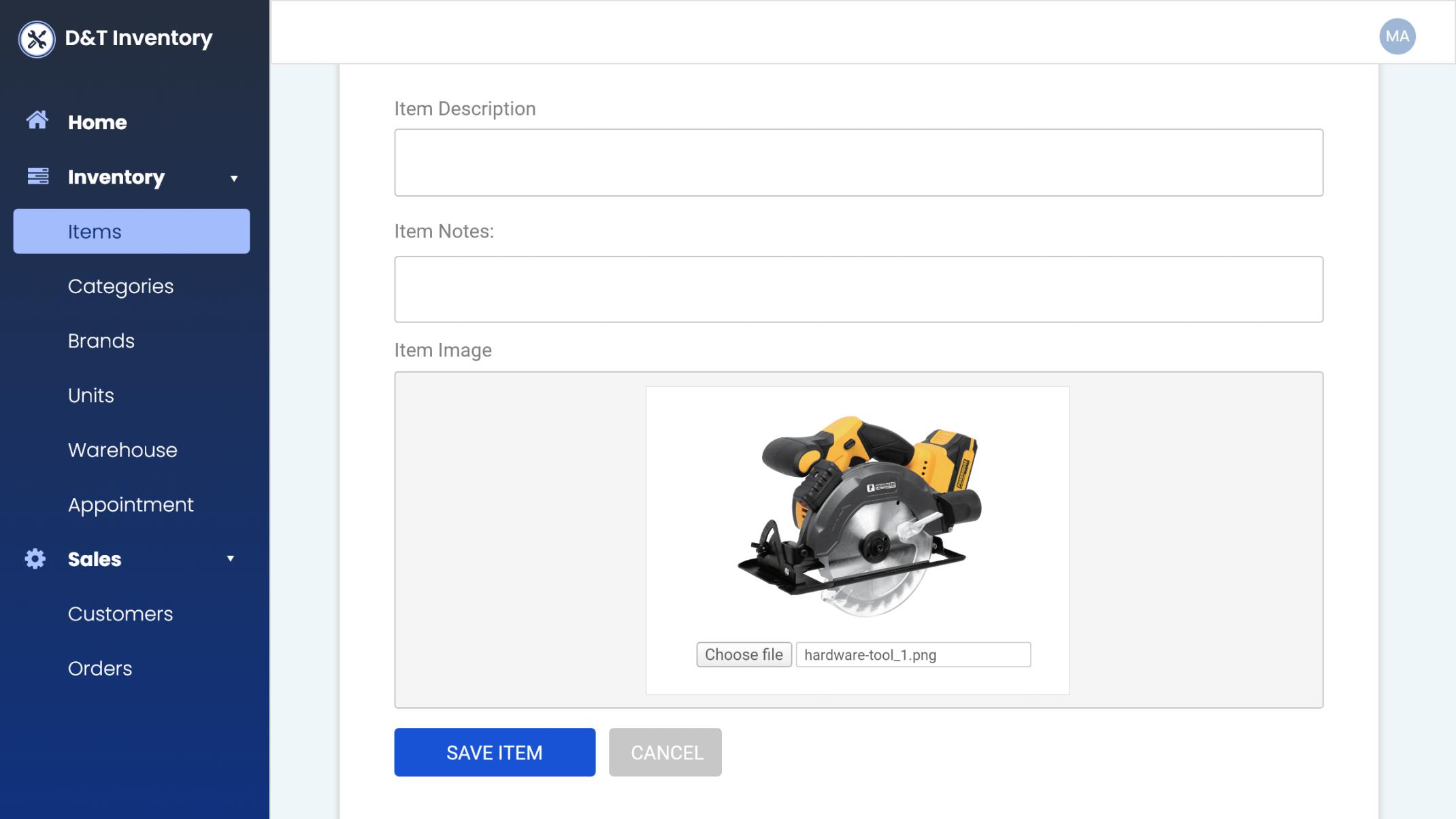 Screenshot of a sample "Item Image Upload" interface in an inventory management system using Caspio's Image Preview customization.