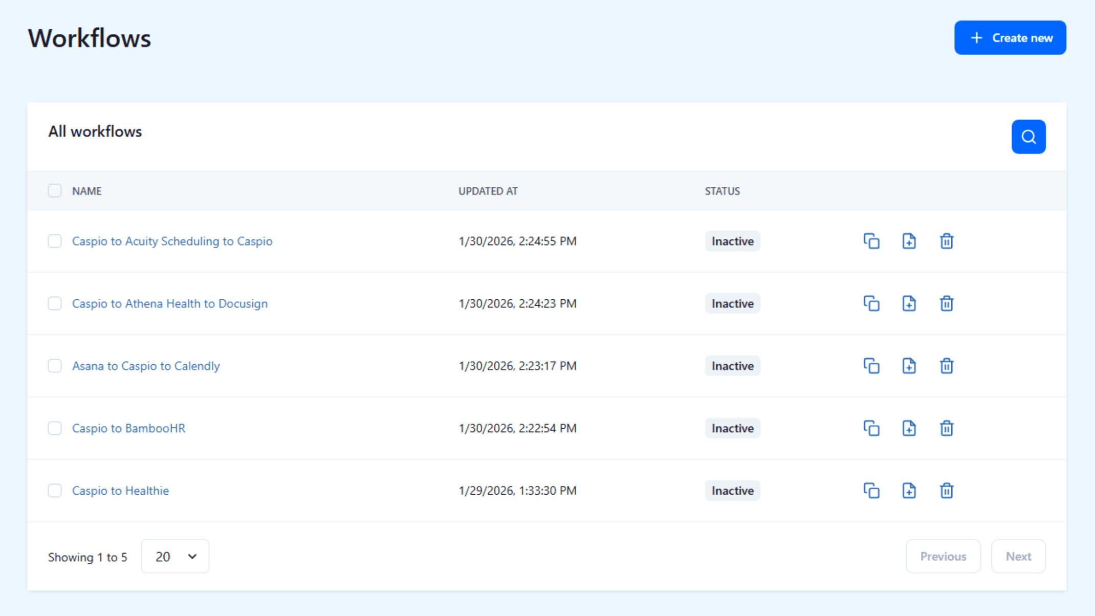 Keragon workflows dashboard showing Caspio integrations.