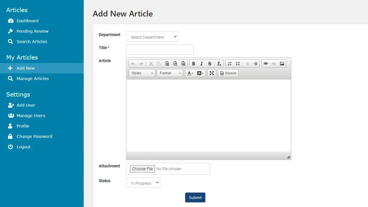 Screenshot of a sample "Add New Article" page on Caspio's Knowledge Base app.