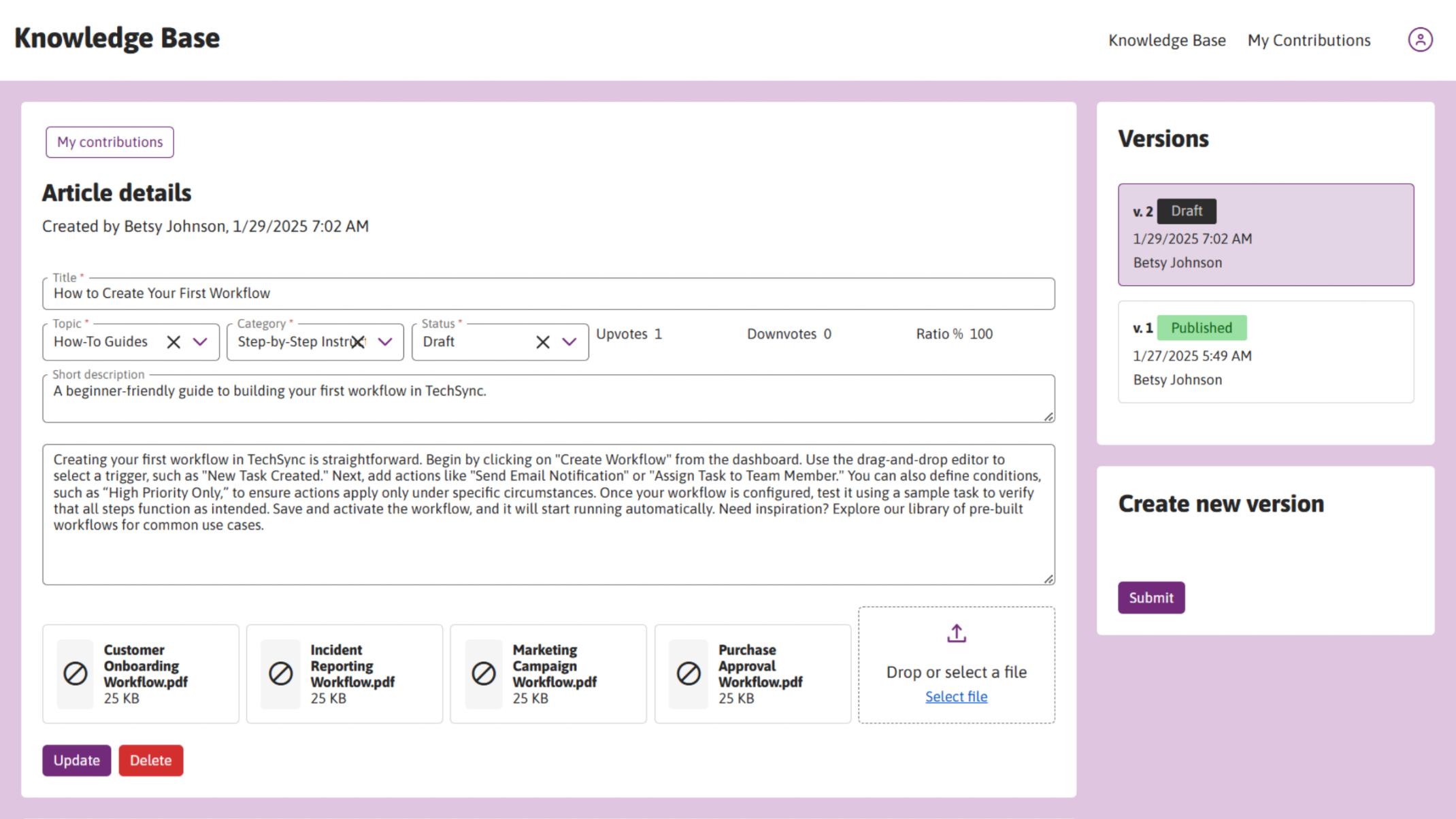Contributors can create and update articles, check status, review feedback and track version history.