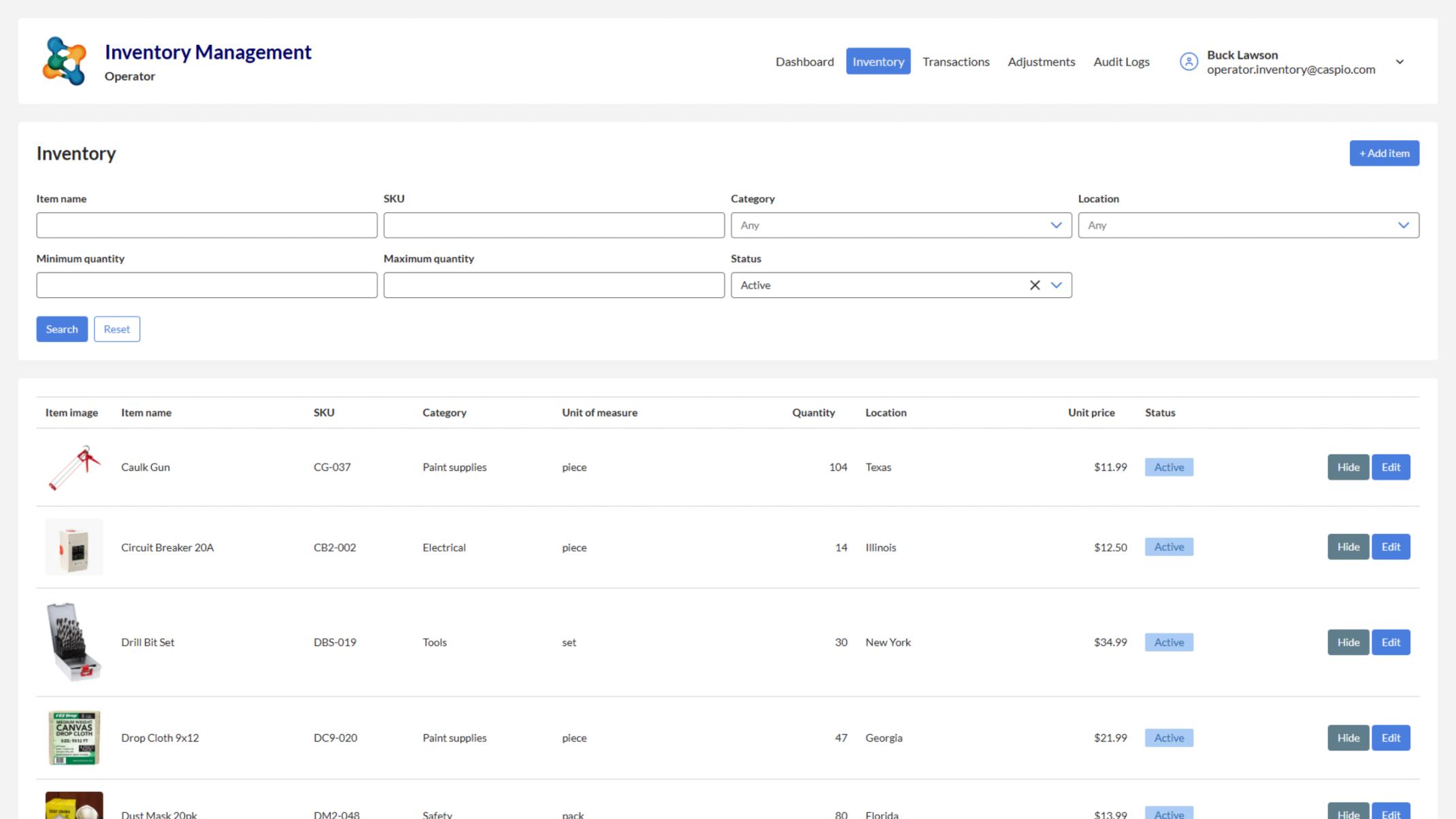 Operator can view and search the inventory list with filters for item name, SKU, category, location, quantity range, and status, displaying item images, unit details, pricing, and inventory levels, with options to hide or edit each item.