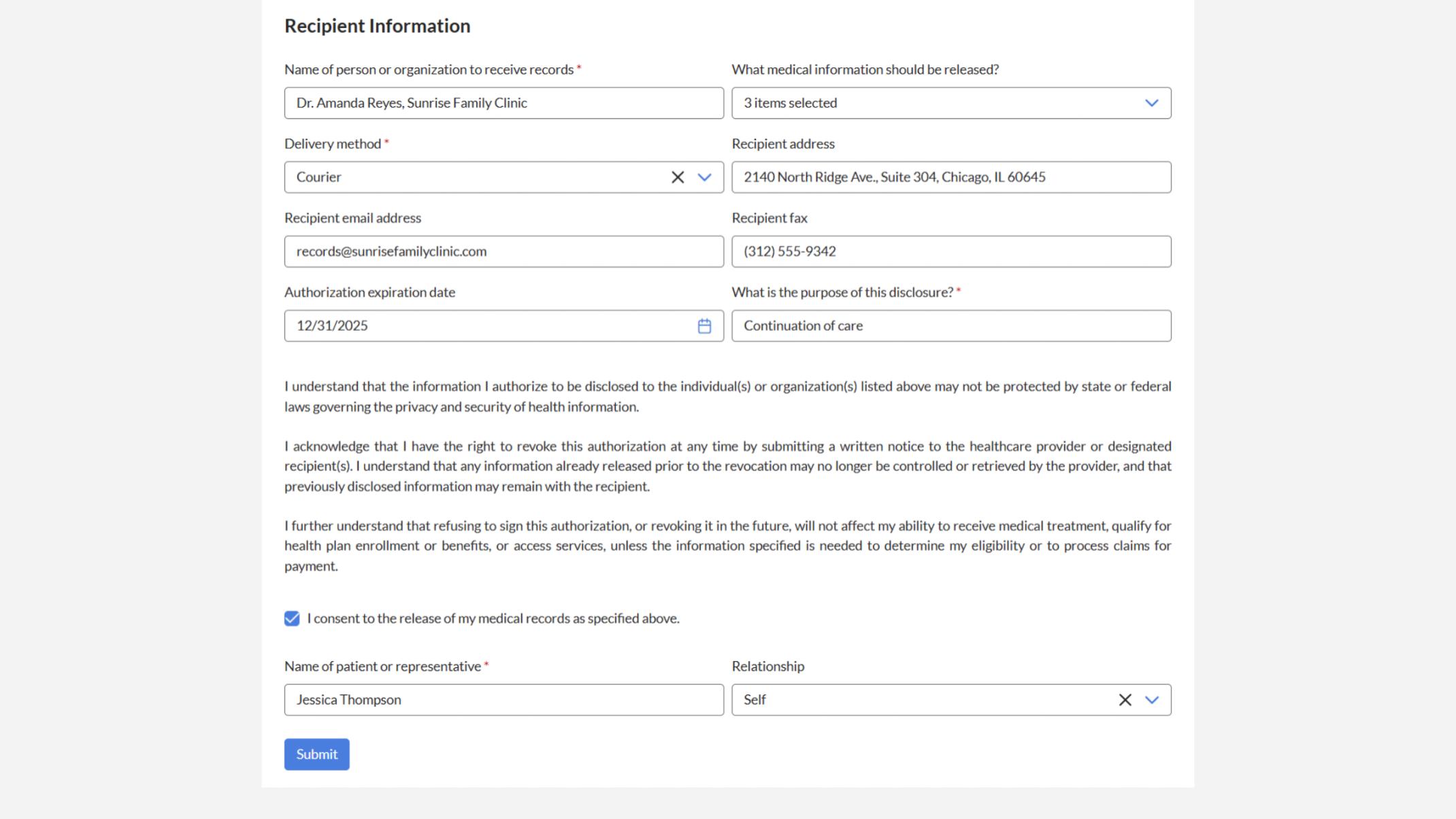 Shows patient name, recipient info, purpose of release, and authorization section.