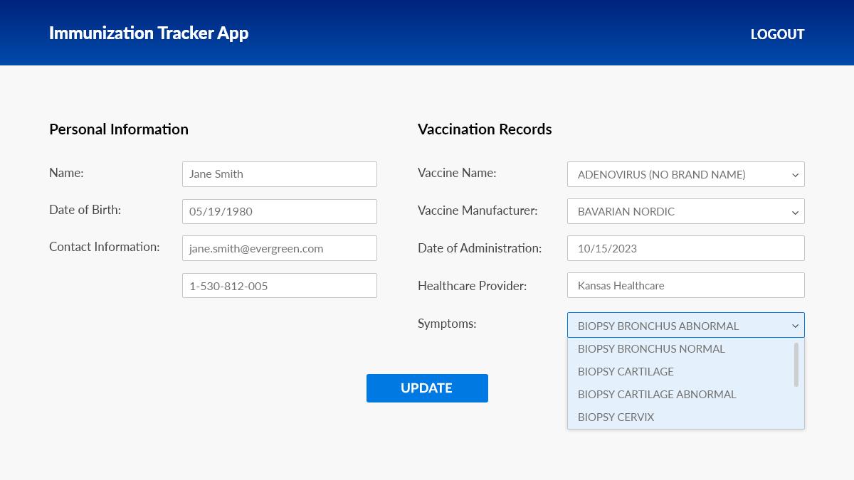 Screenshot of the immunization tracker form with a drop-down list of symptoms after vaccination.