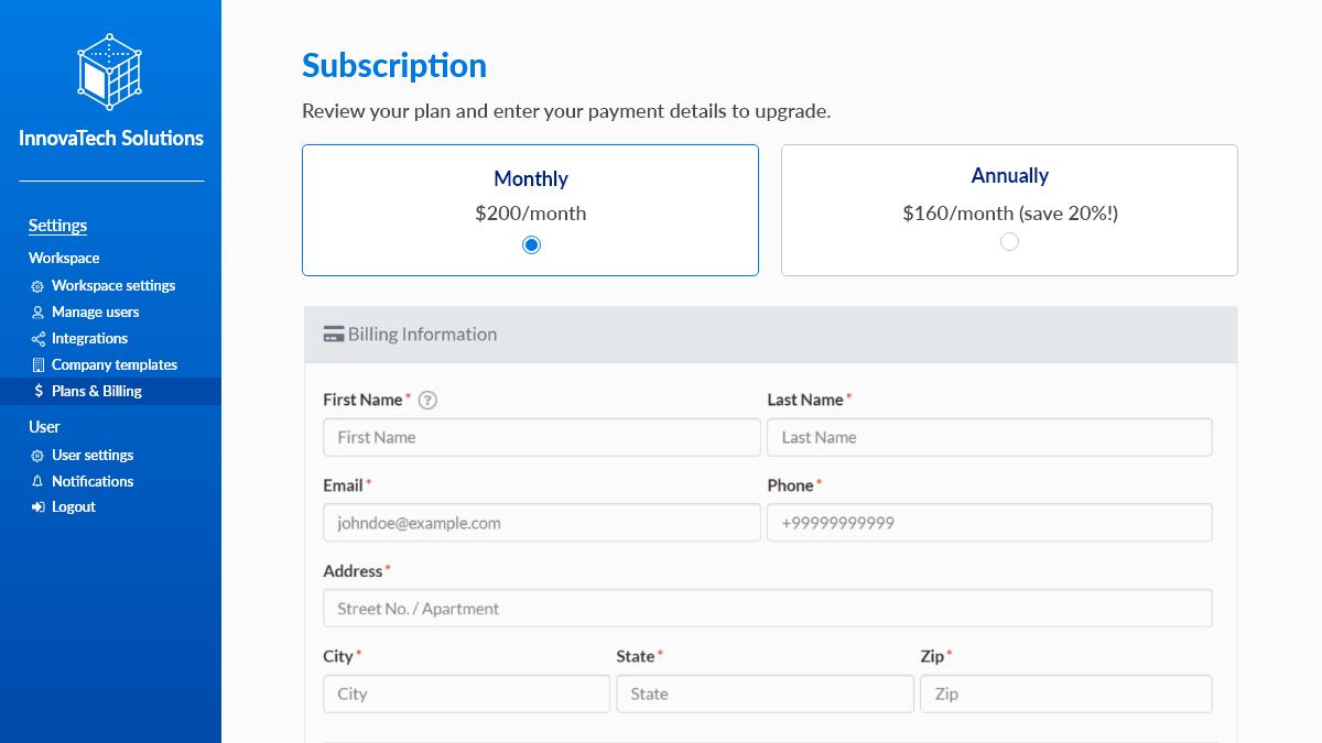 Screenshot of a sample billing information page using Caspio's Recurring Payment customization.