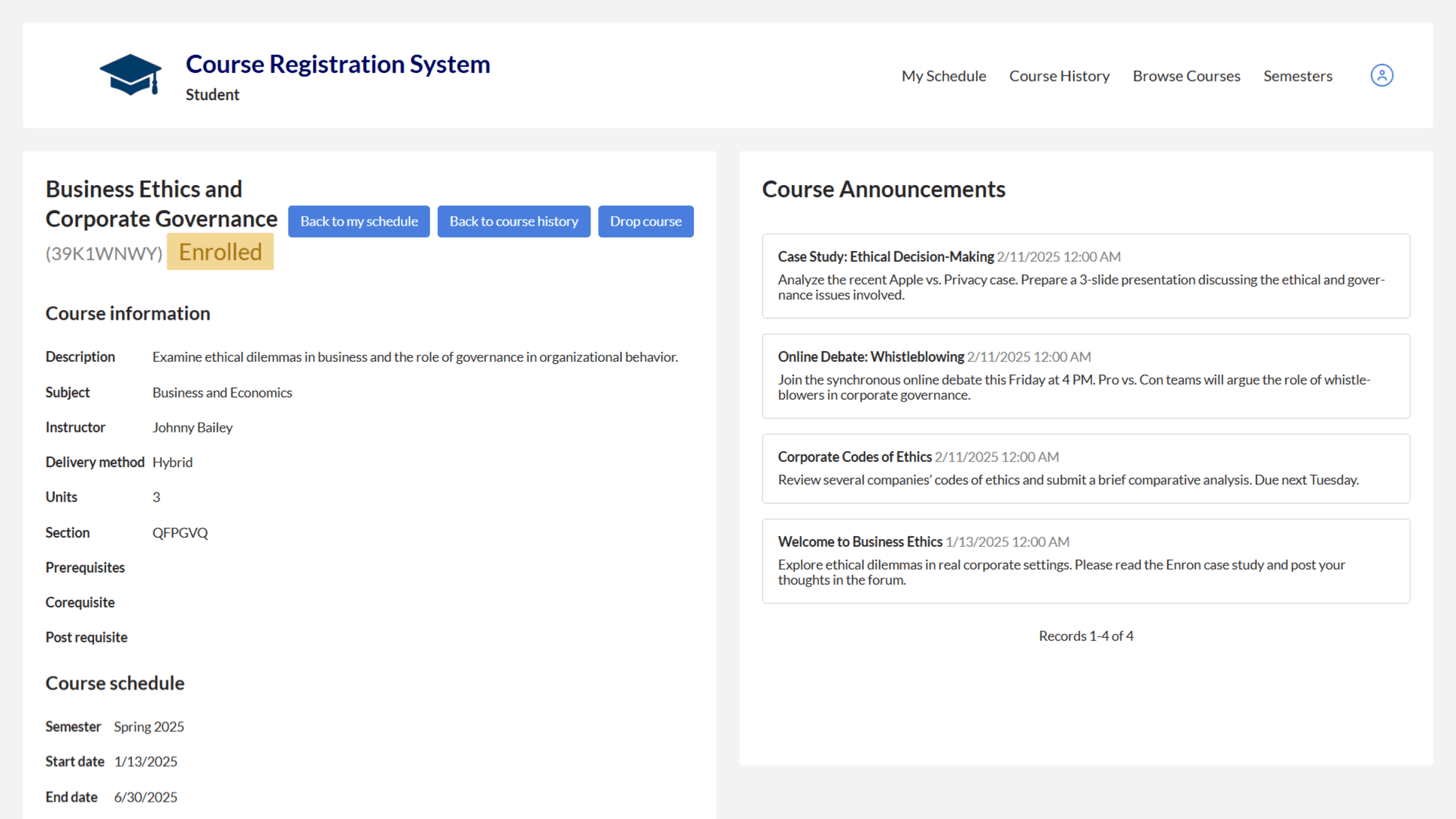Students can access comprehensive details for their enrolled courses, including descriptions, schedules, and important announcements.