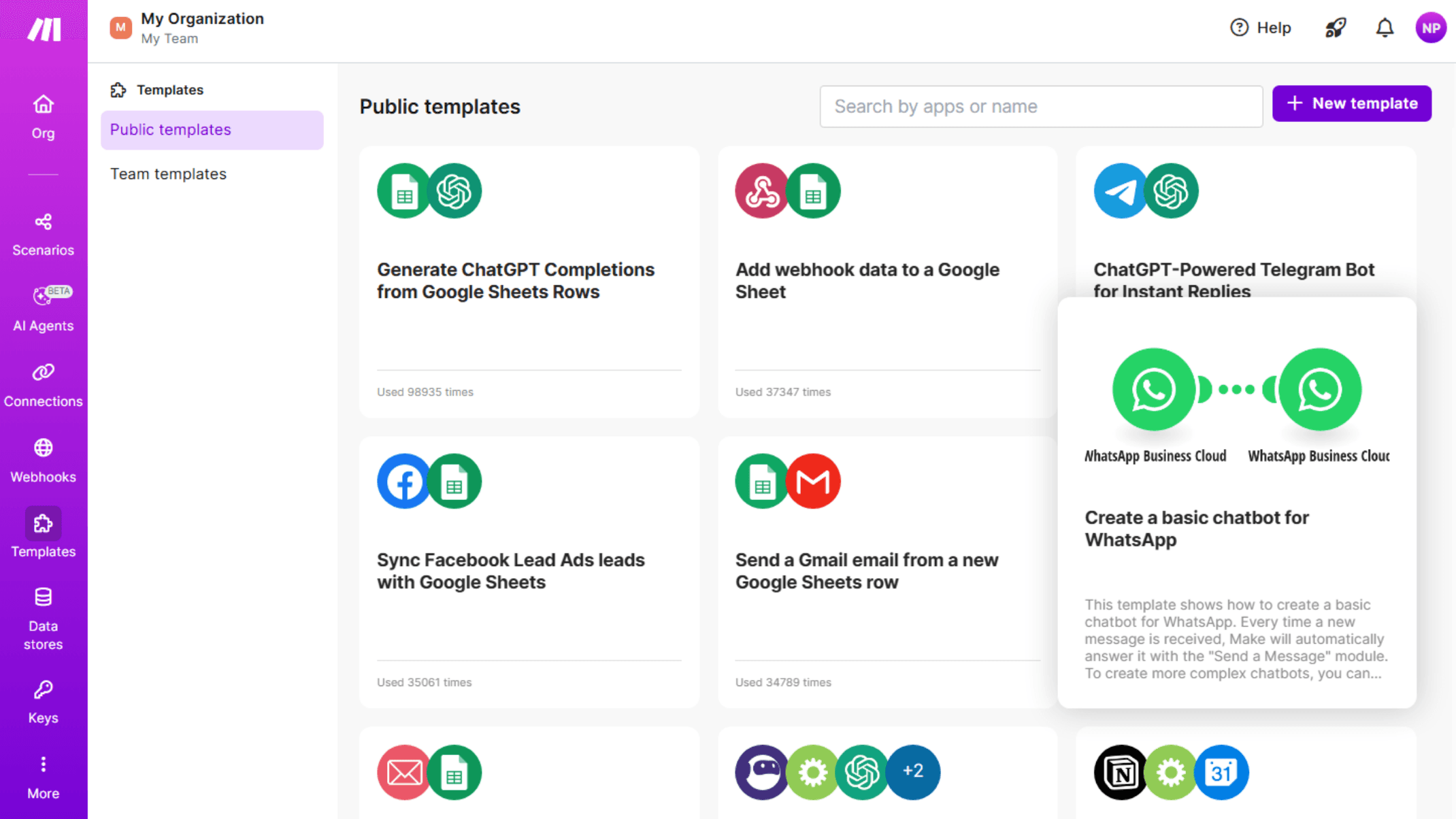 Make app interface showing public templates within an organization.