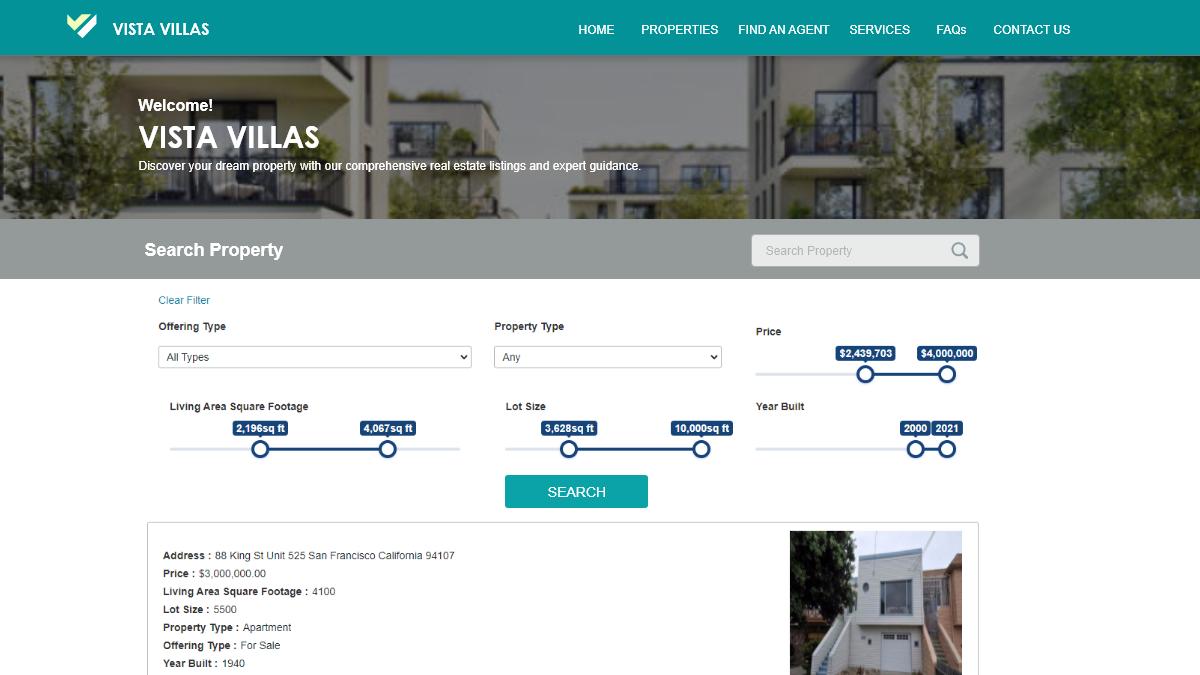 Screenshot of a real estate listings app using Caspio's Range Slider customization.
