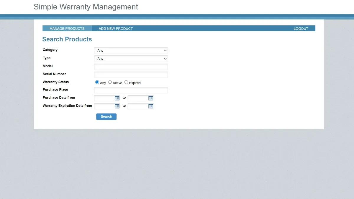 Screenshot of a sample product search function on Caspio's Simple Warranty Management app.