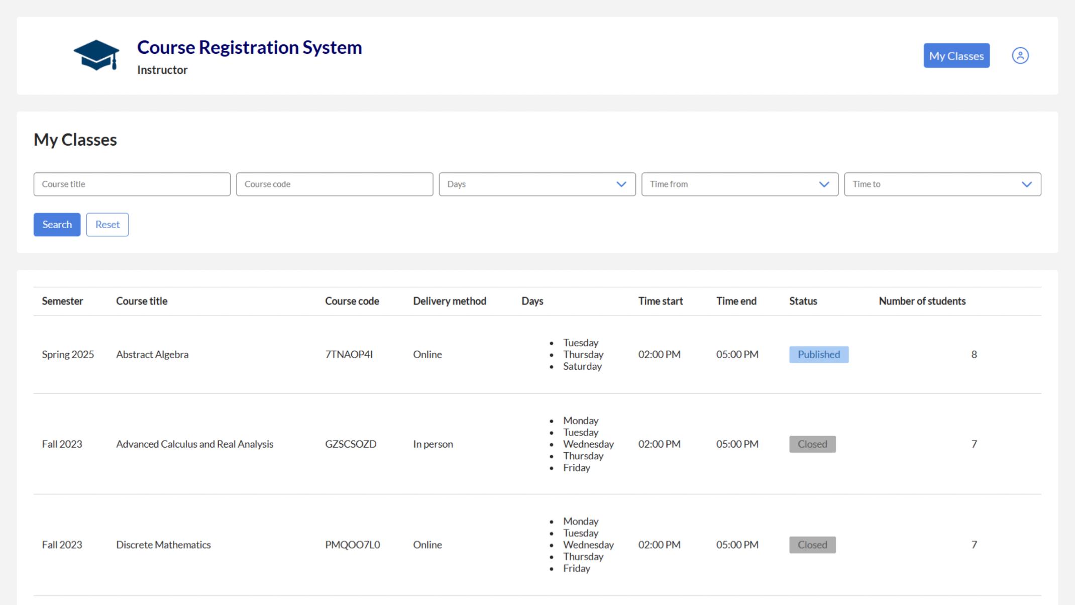 Administrators can manage all courses, including titles, codes, subjects, assigned instructors, and delivery methods.