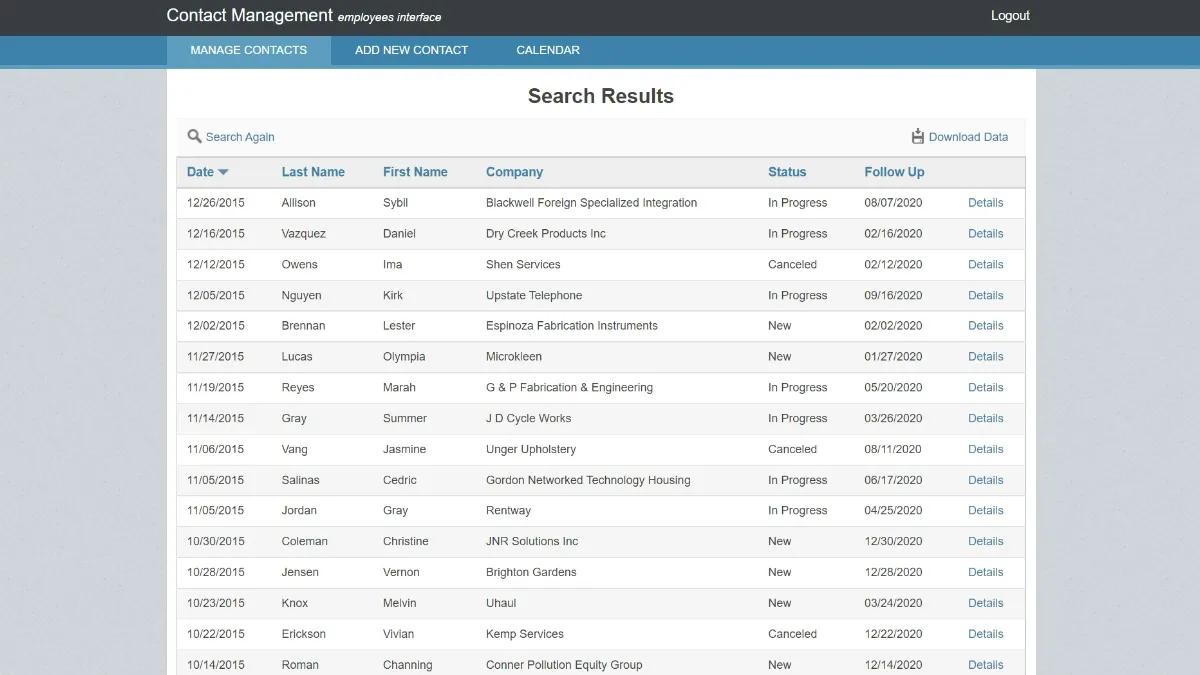 Screenshot of a sample search results page on Caspio's Contact Management app.