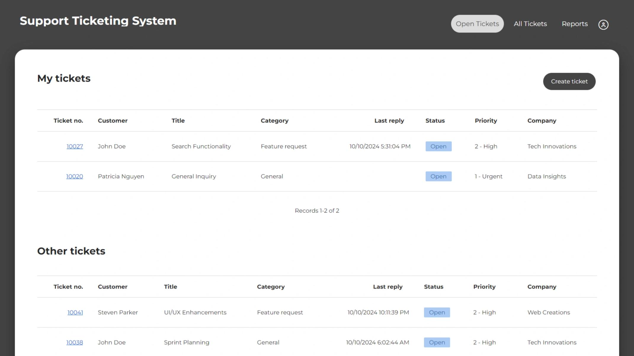 Support Ticketing System interface displaying all tickets assigned to an employee.