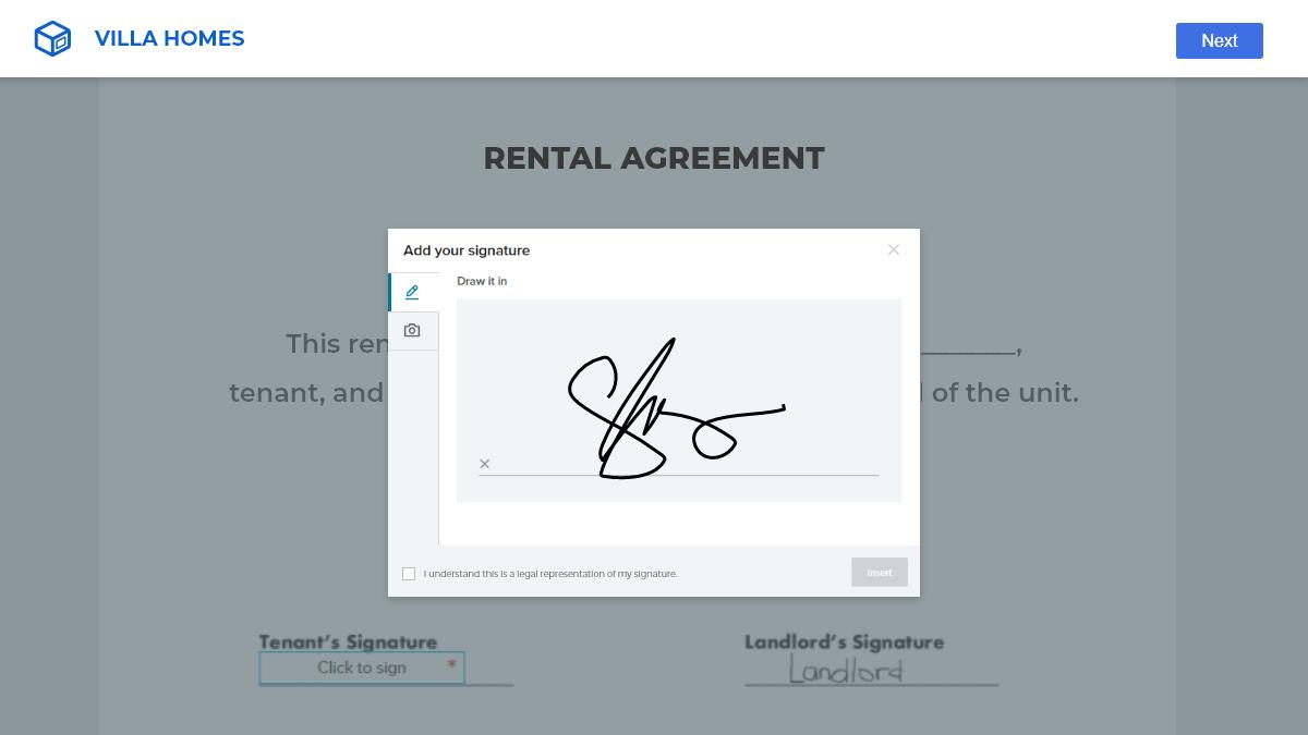 Screenshot of a sample rental agreement using Caspio's Electronic Signature customization.