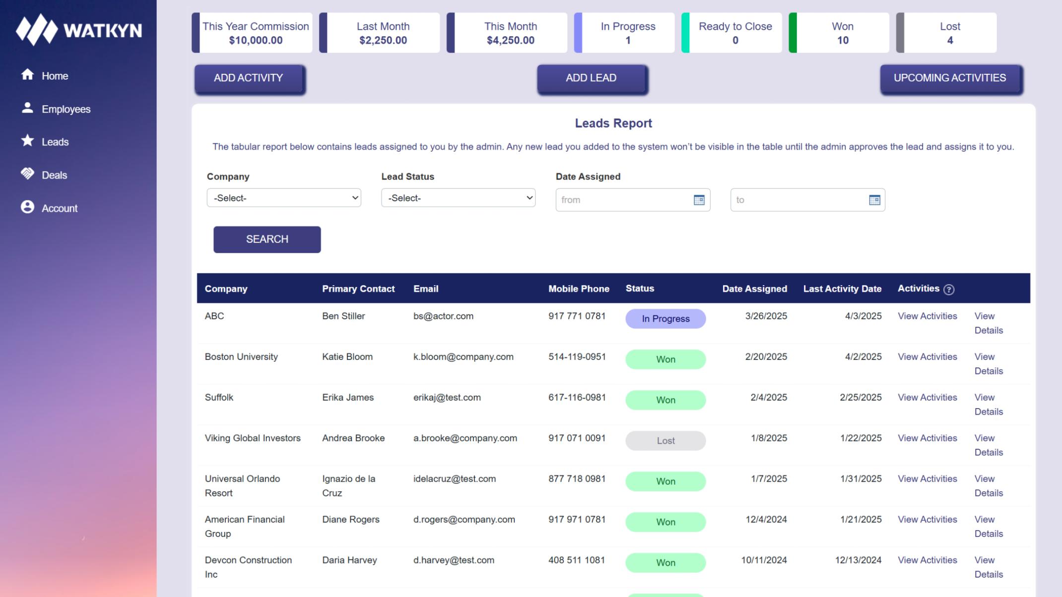 Screenshot of a sample sales rep home view on Watkyn's Starter CRM app.