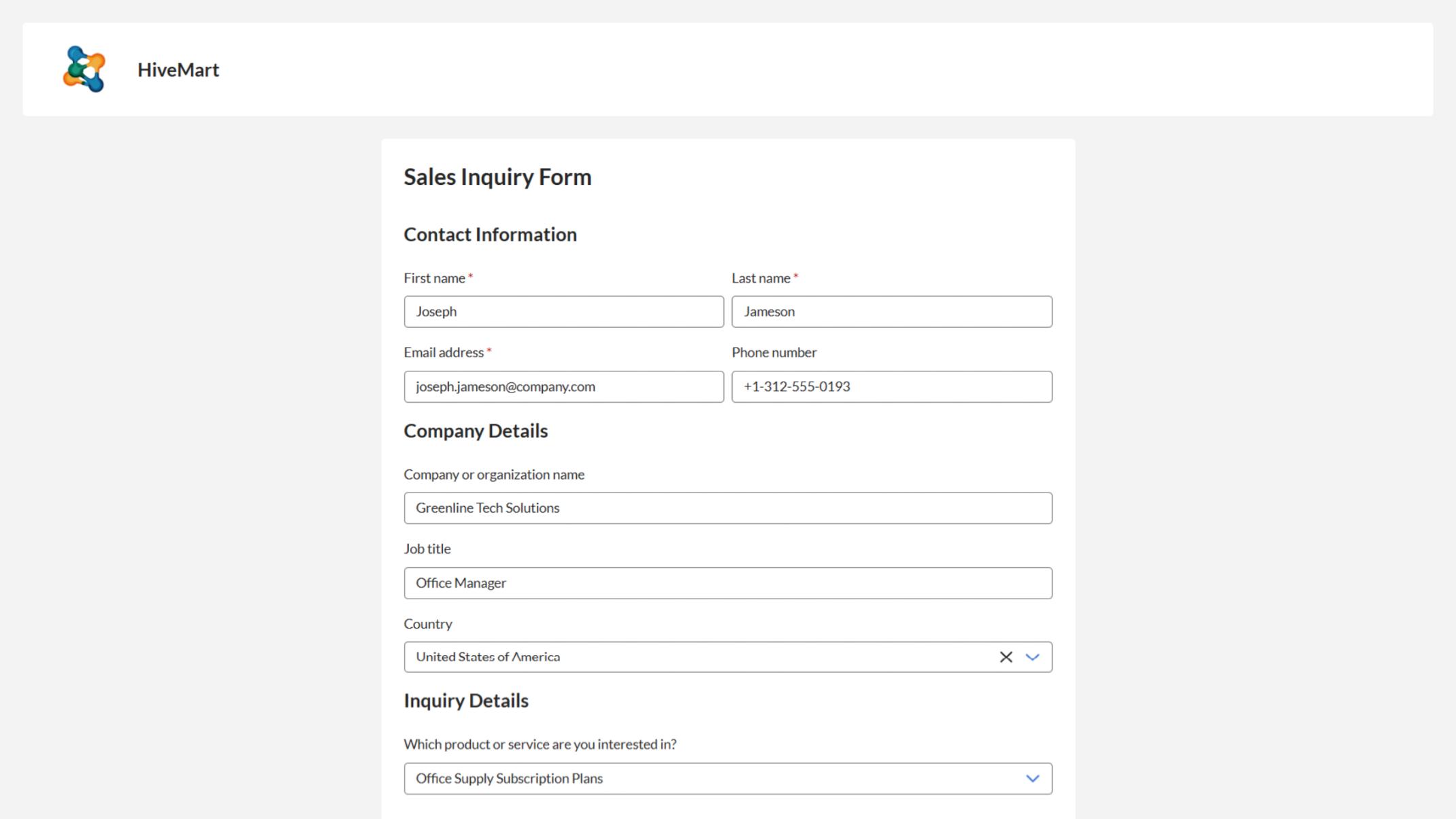 Showcases fields like name, company, contact information, and inquiry details.