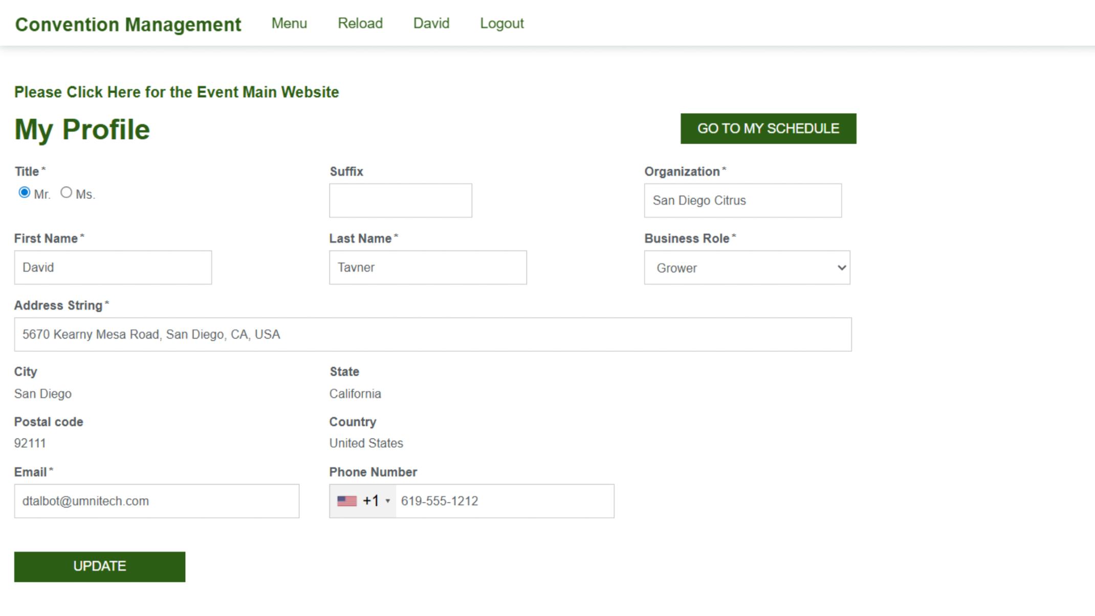 Screenshot of the My Profile page in a Convention Management system, displaying editable personal, organizational, and contact information with a link to view the user's schedule.