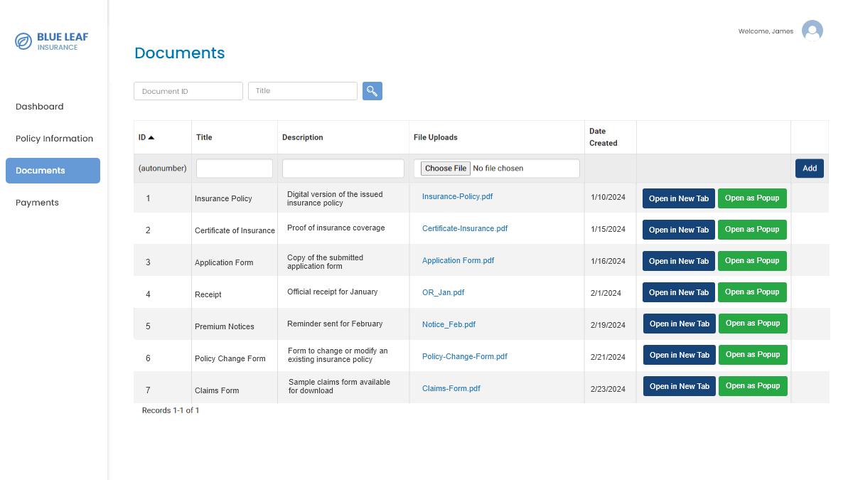 Screenshot of a sample documents database using Caspio's In-App PDF Viewer customization.