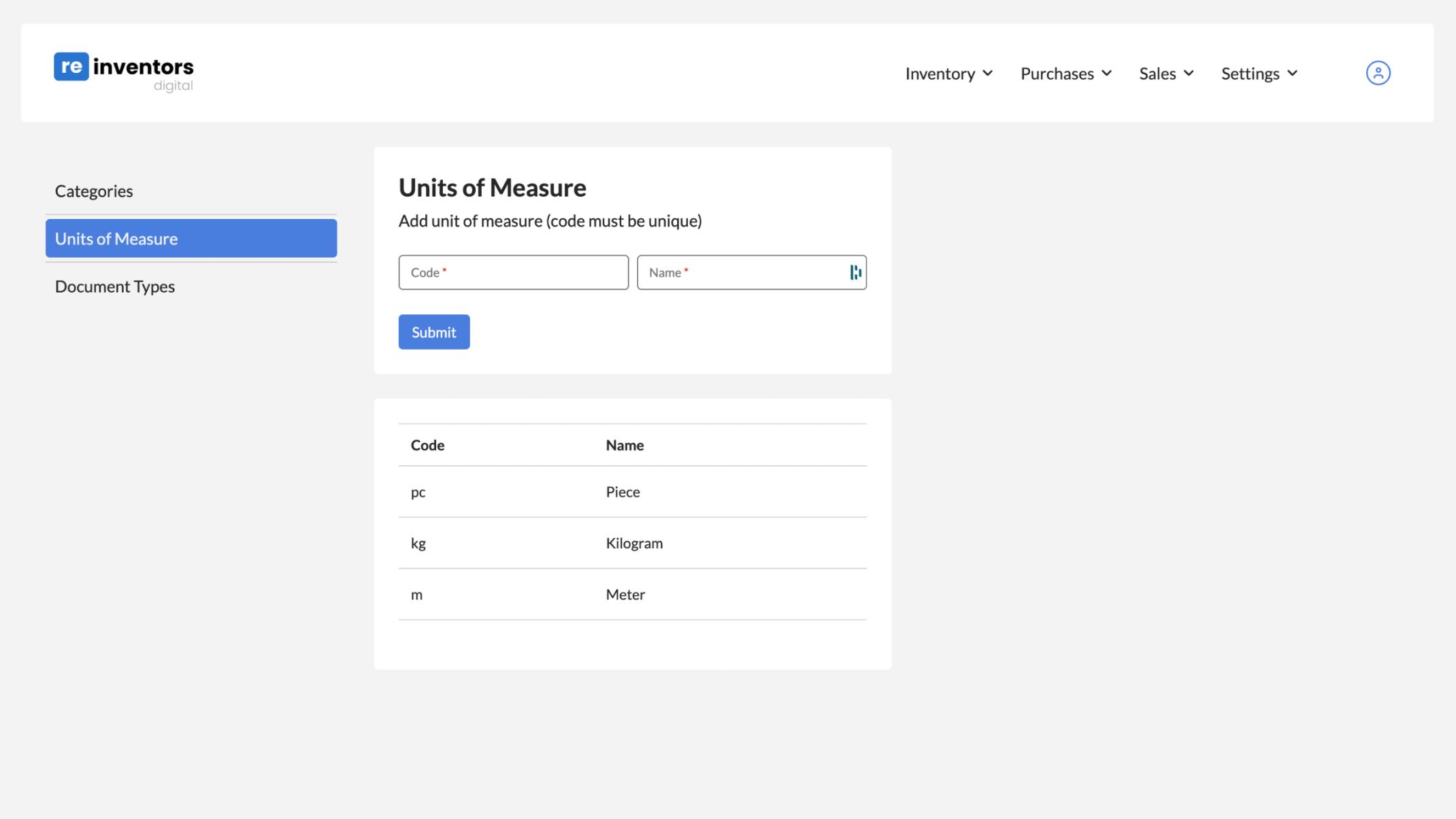 Screenshot of admin view of units of measure in Reinventors' Inventory Control app.