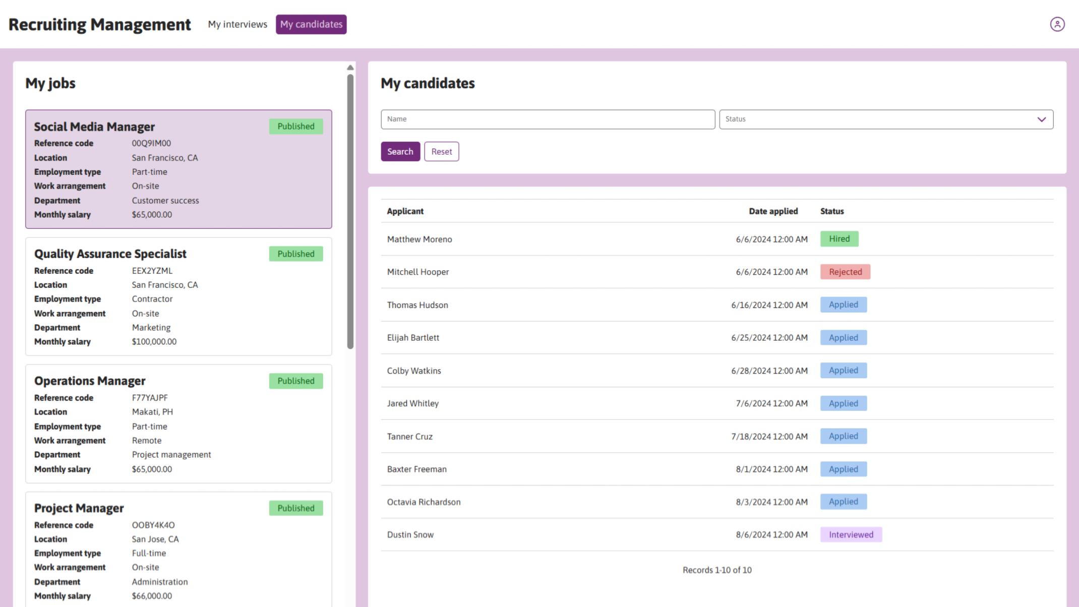 Hiring managers can also access a searchable list of all candidates, organized alongside their associated job postings.