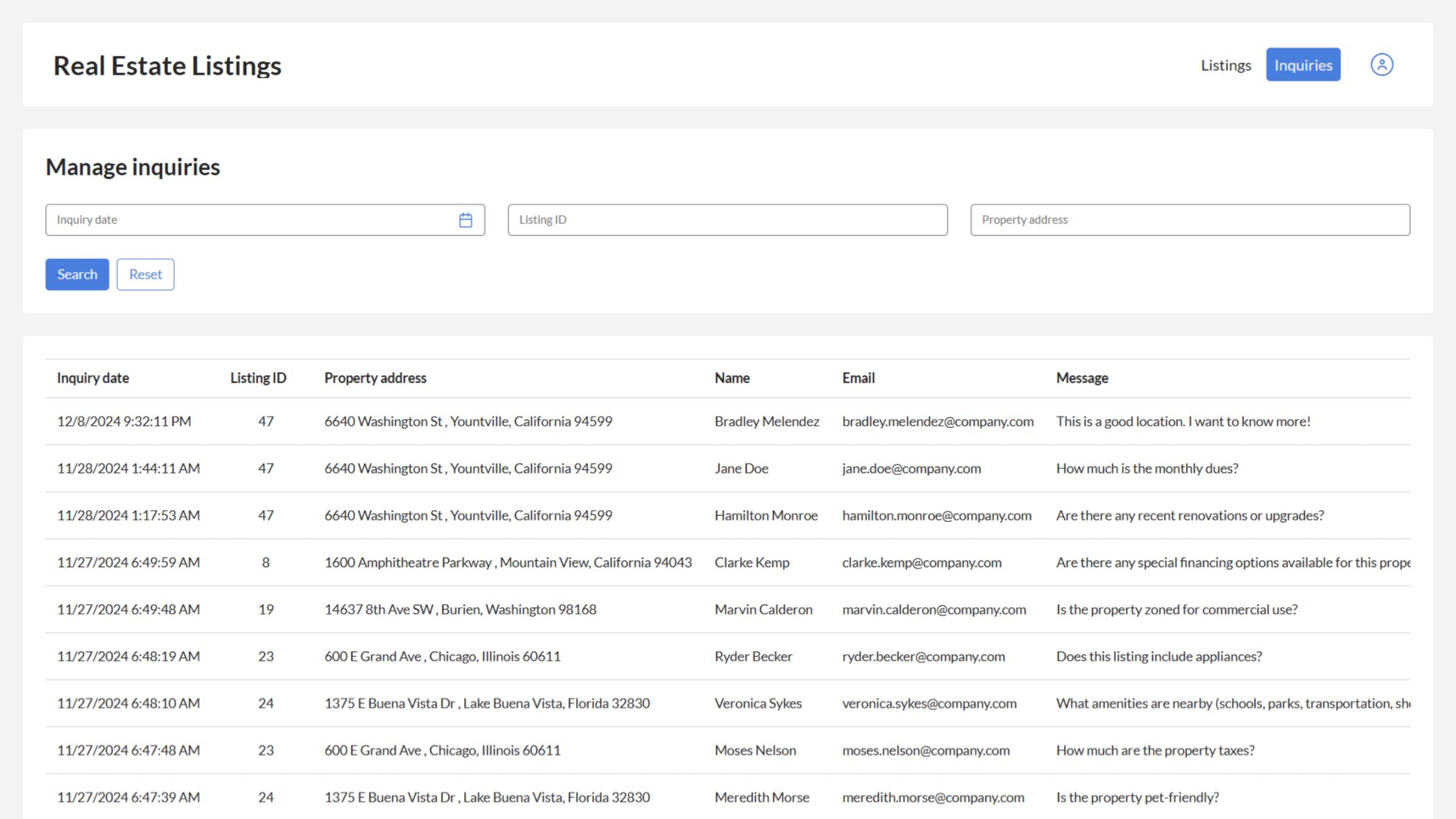 Brokers and agents can search and manage property inquiries with a searchable table report.