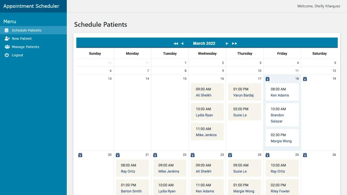 Screenshot of a sample patient schedule calendar on Caspio's Appointment Scheduling app.