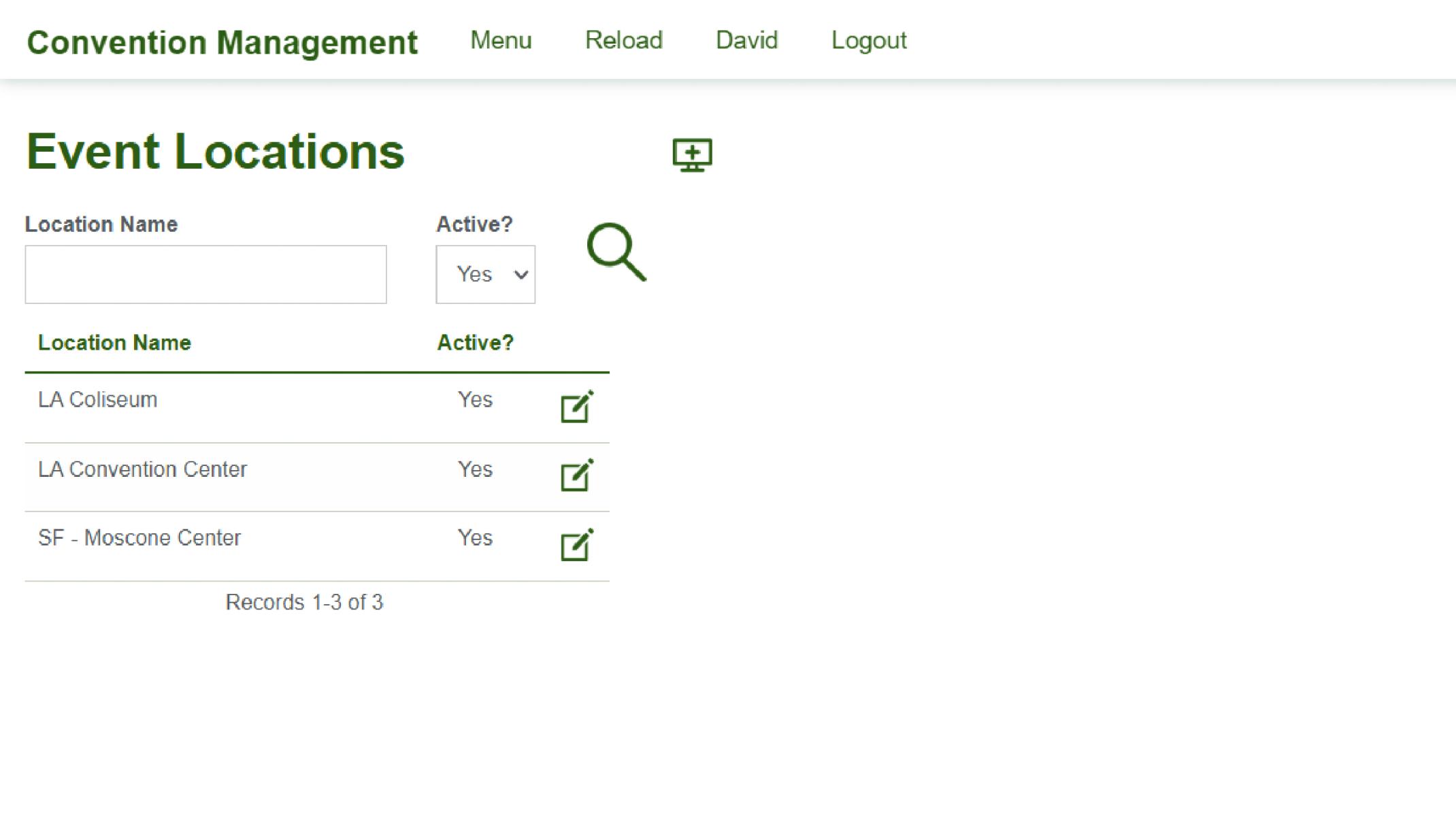 Screenshot of the Event Locations section in a Convention Management system, displaying a searchable list of active venue records with edit options.