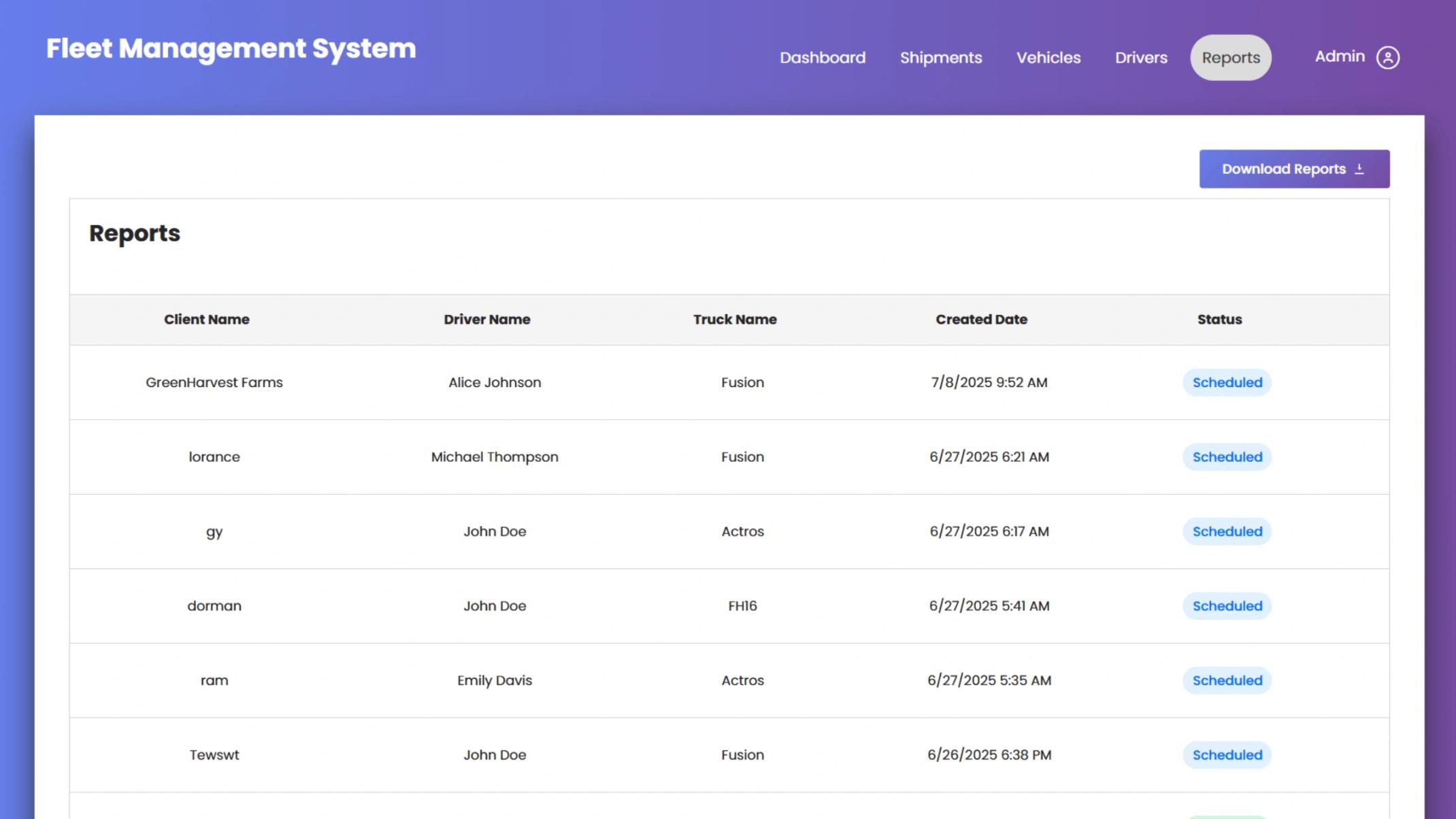 Reports section with a table of scheduled shipments.