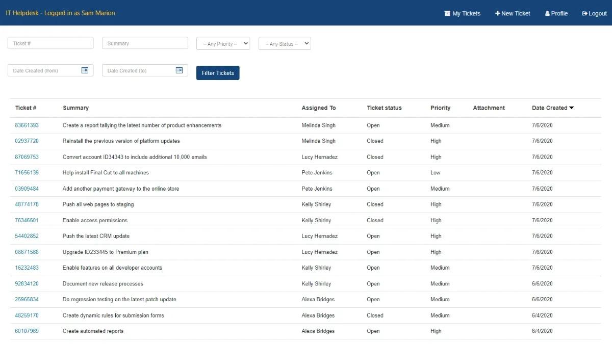 Screenshot of a sample ticket management dashboard on Caspio's IT Helpdesk app.