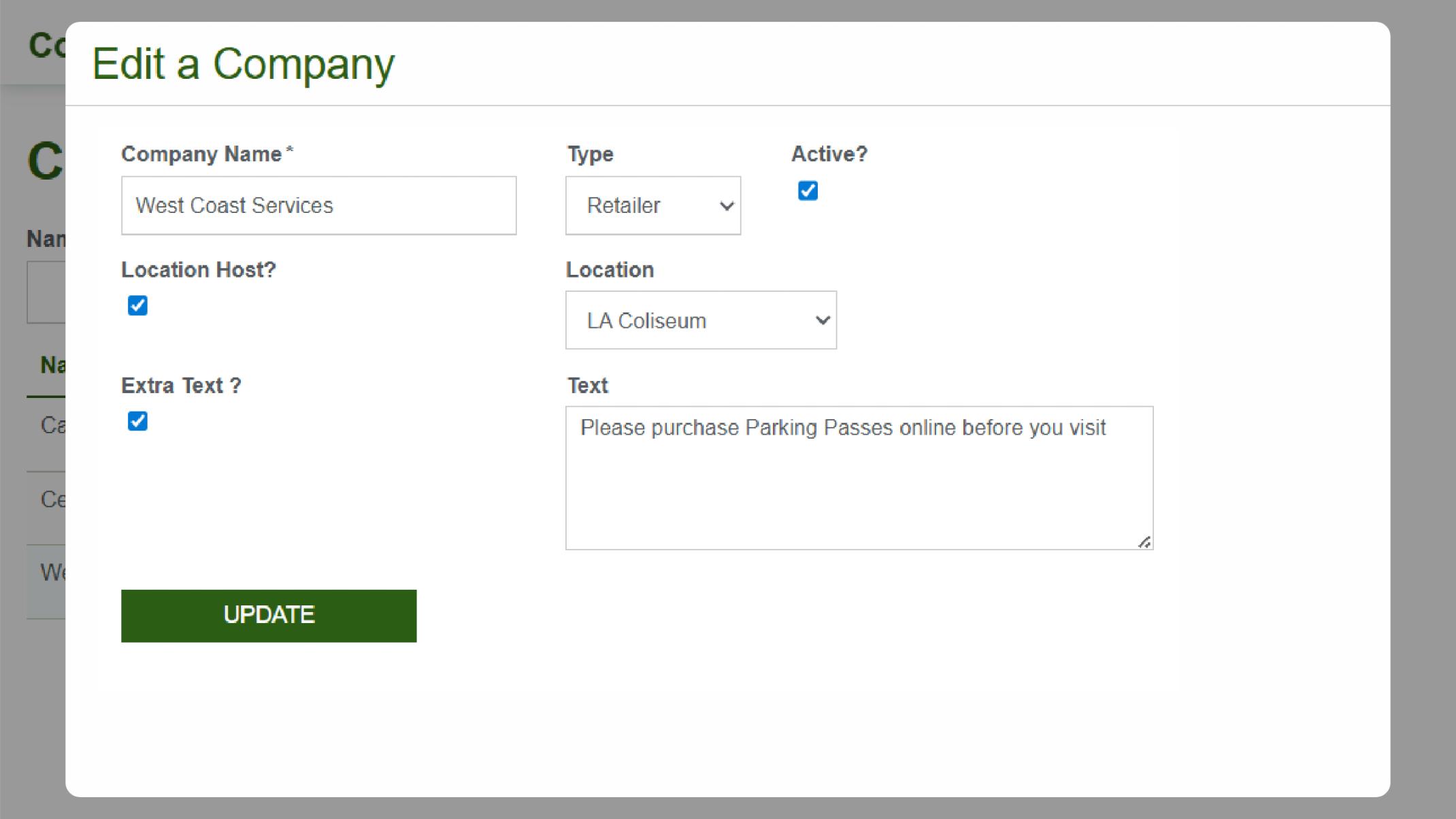 Screenshot of the Edit Company form in a Convention Management system, showing input fields for company details, location, and additional text.