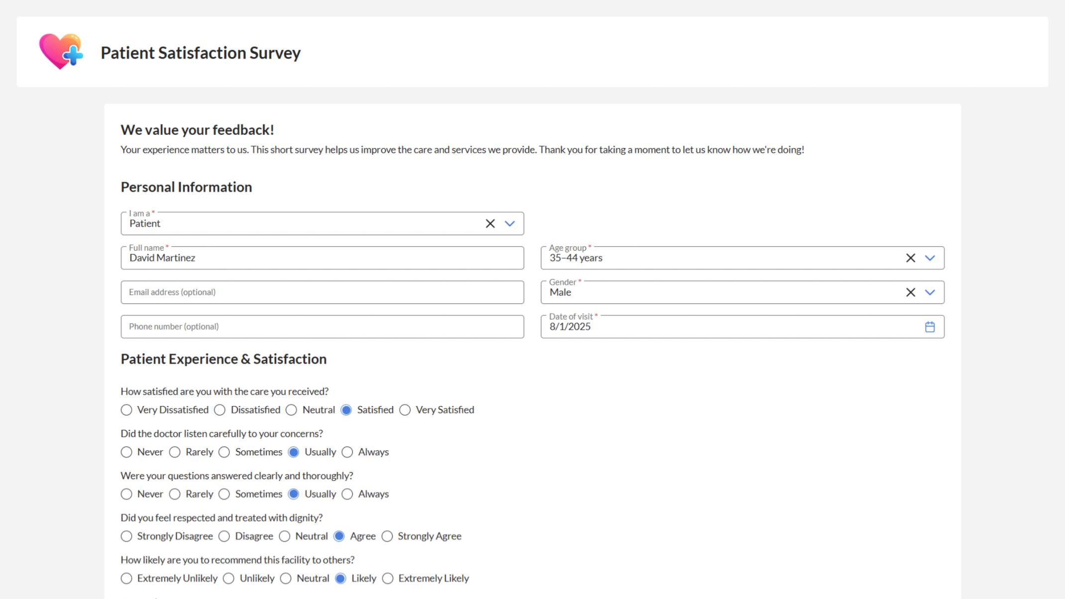 A user-friendly survey form that allows patients to rate their experience and provide feedback.