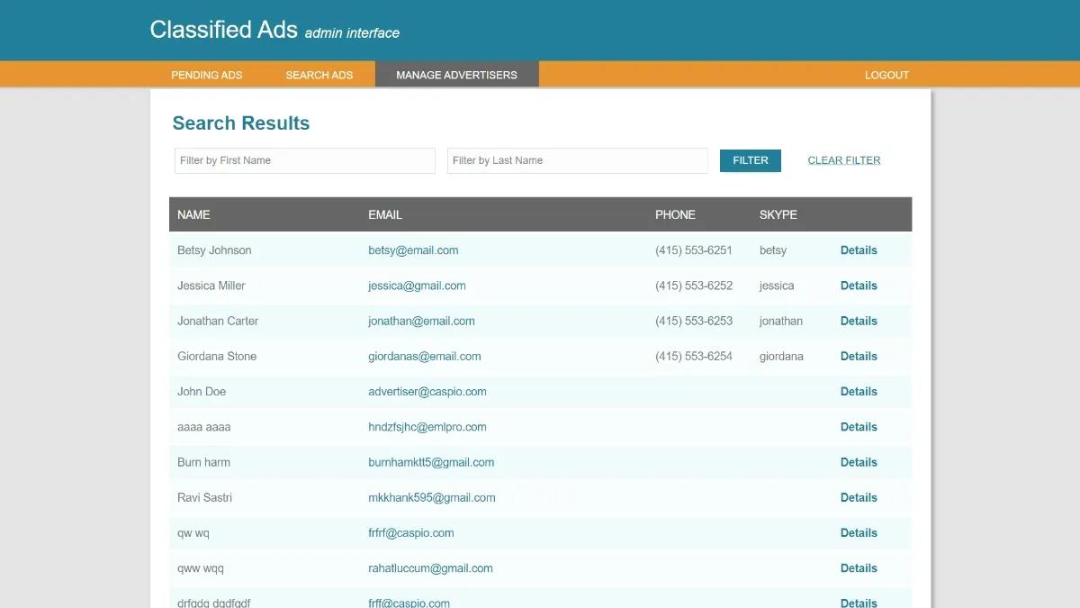 Screenshot of a sample admin view interface on Caspio's Classified Ads app.