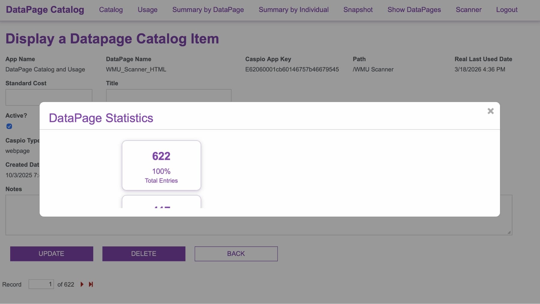 DataPage Statistics snapshot showing 622 total entries, the total of deployed, not deployed, and how many DataPages were last used within or beyond 60 days.