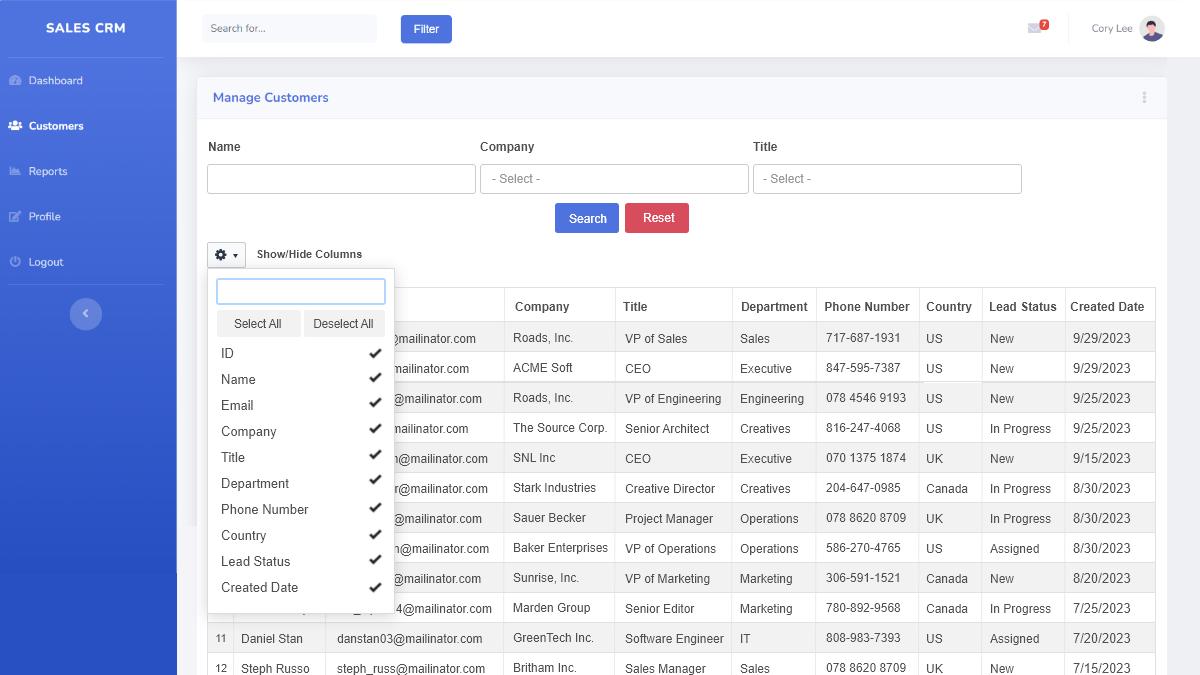 Screenshot of a sample dashboard showing all fields using Caspio's Dynamic Tabular Columns customization.