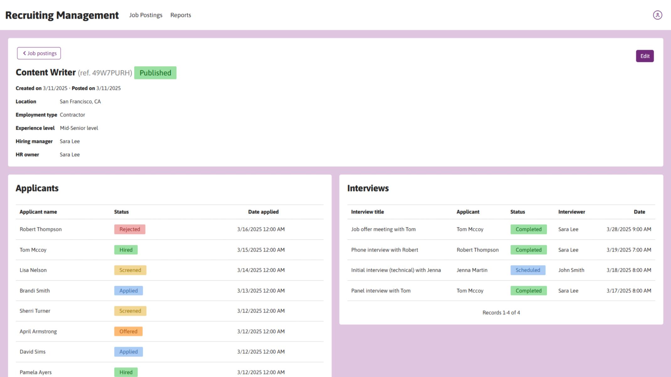 HR can edit a job posting details page, with features for tracking applicants and interviews.