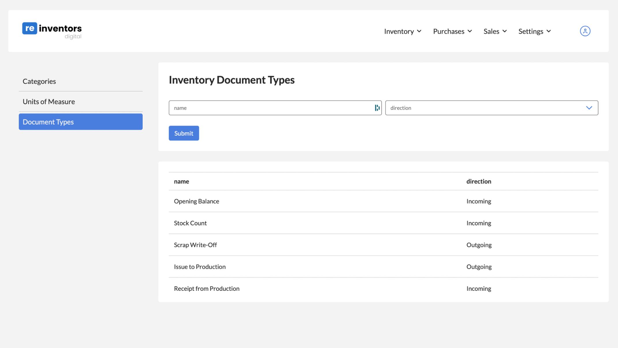 Screenshot of admin view of document types in Reinventors' Inventory Control app.