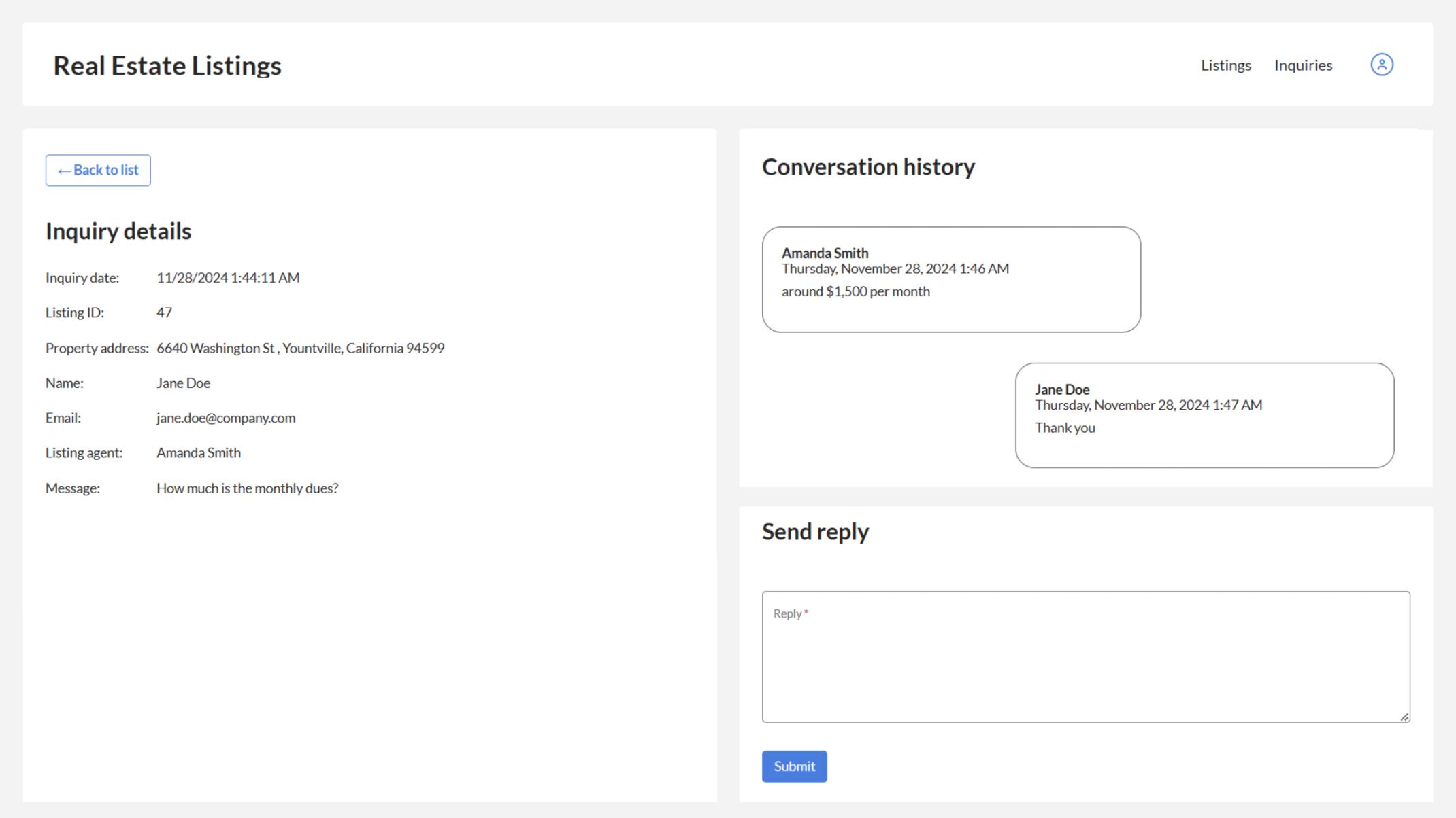 Agents can review inquiry details, reply to messages and track conversation history in one place.