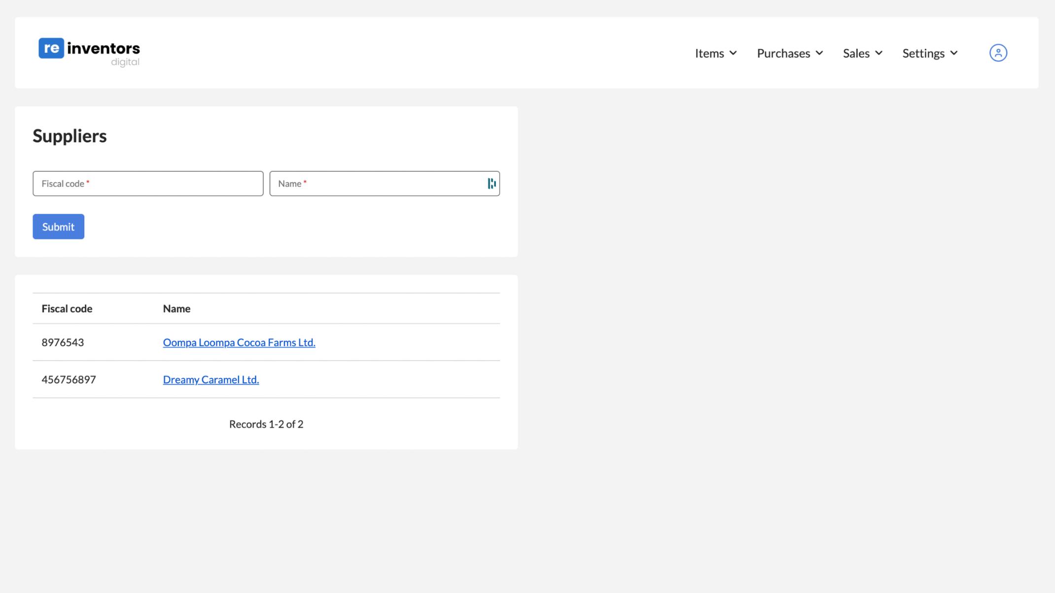 Screenshot of the suppliers page in Reinventors' Inventory Control app.