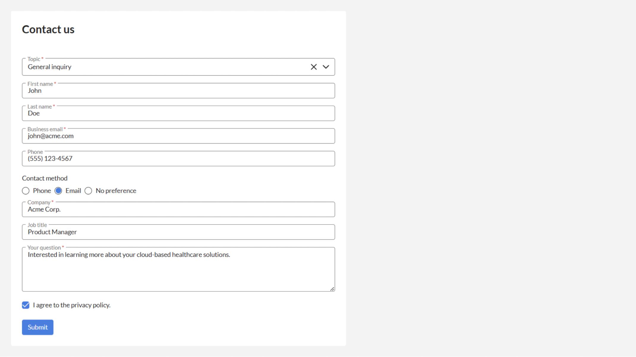 Public-facing "Contact Us" form captures  inquiries, with the option to seamlessly embed the form on your own website.