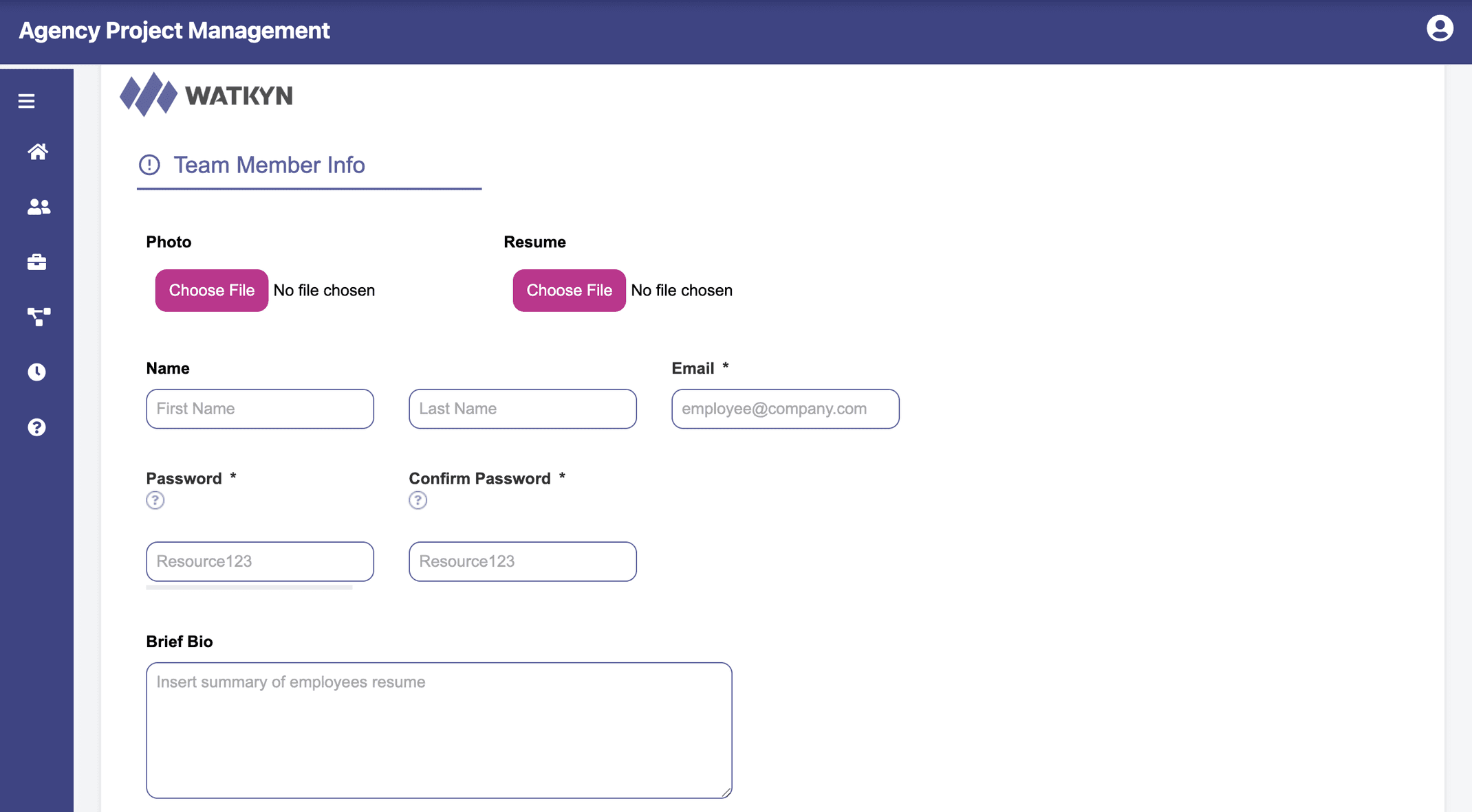 Screenshot of a sample full view admin portal - add team member view on Watkyn's Agency Project Management app.