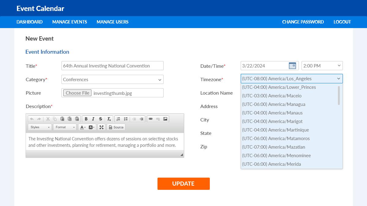 Screenshot of an event calendar with a drop-down list of time zones.