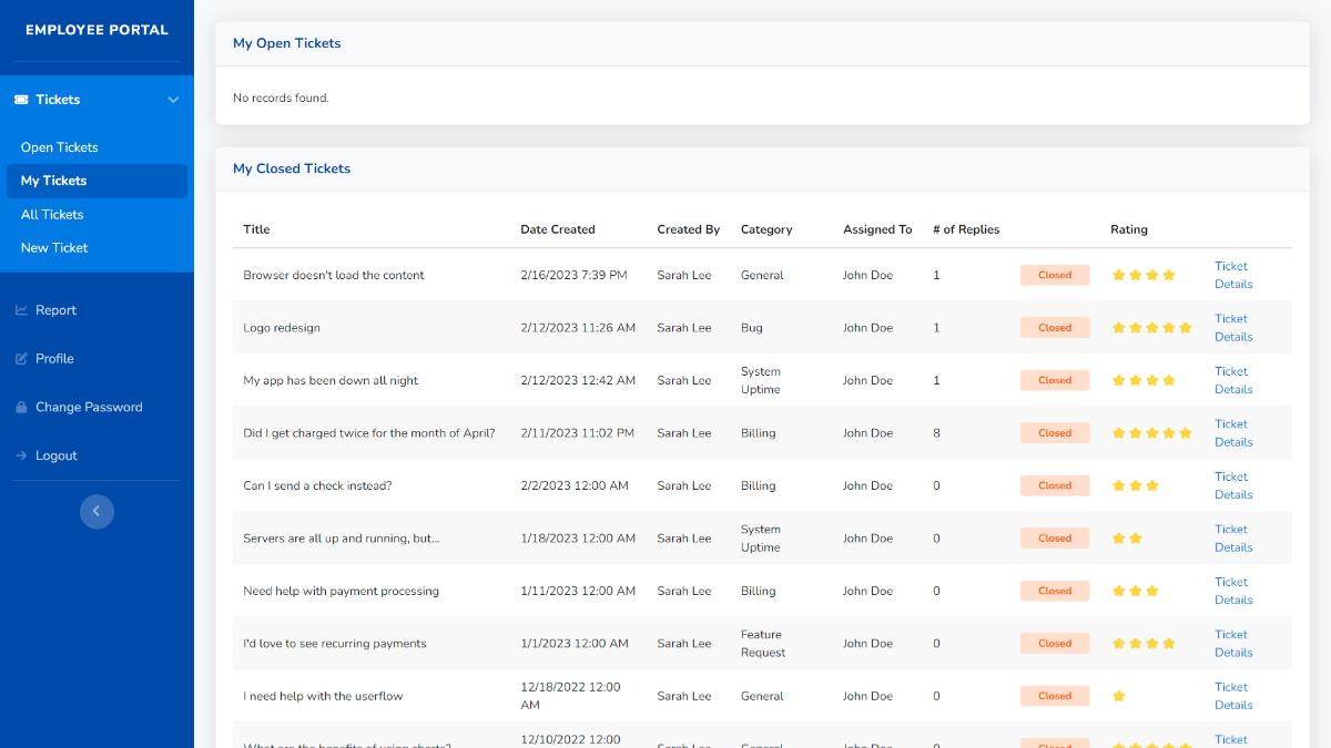 Screenshot of sample employee portal on Caspio's Support Ticketing System app.