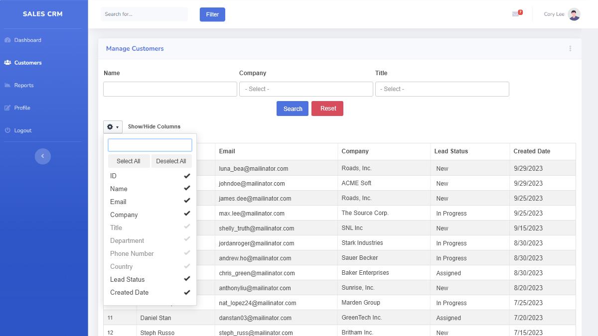 Screenshot of a sample dashboard with hidden fields using Caspio's Dynamic Tabular Columns customization.