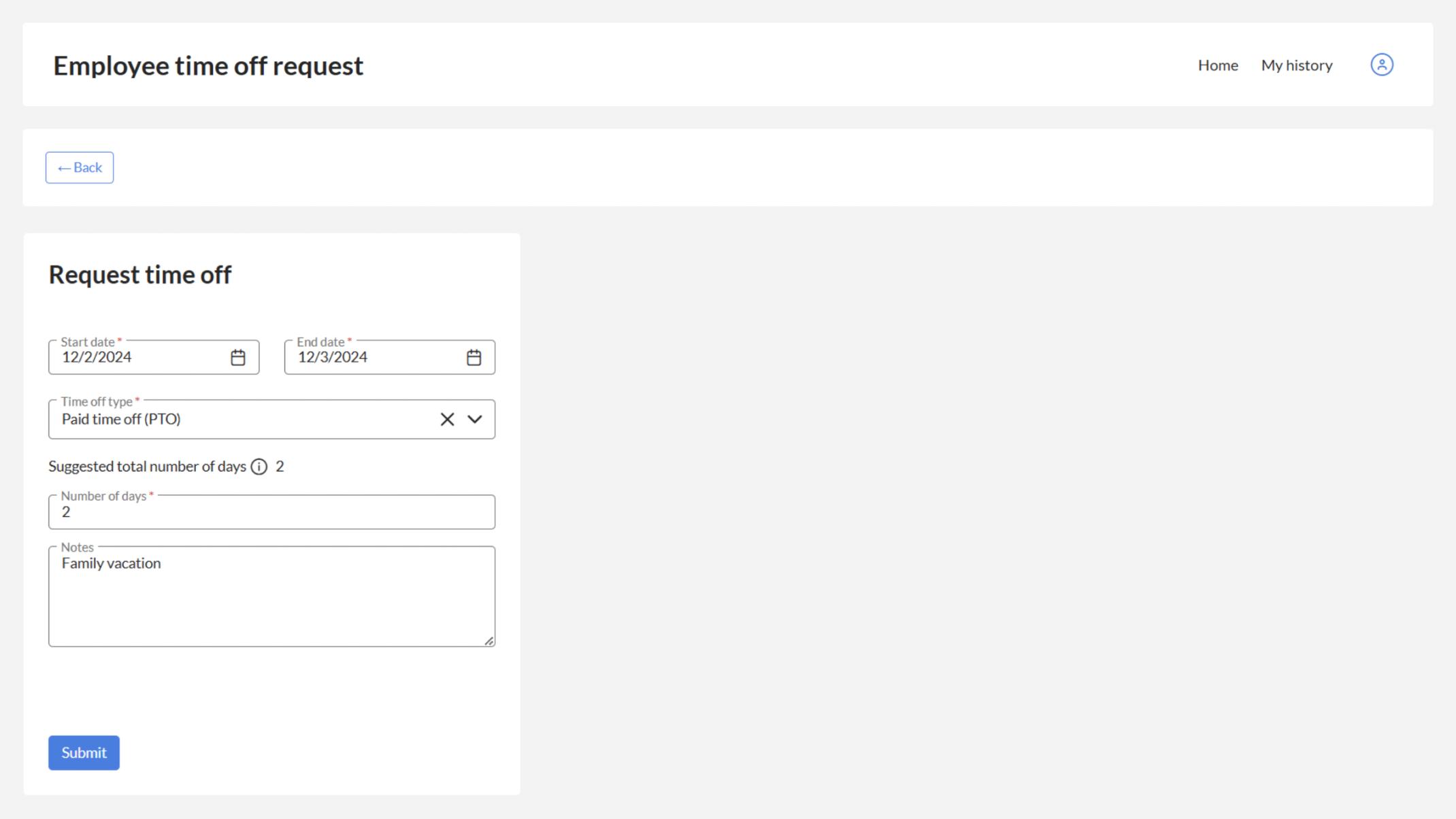 Submit new time-off requests with an intuitive interface.