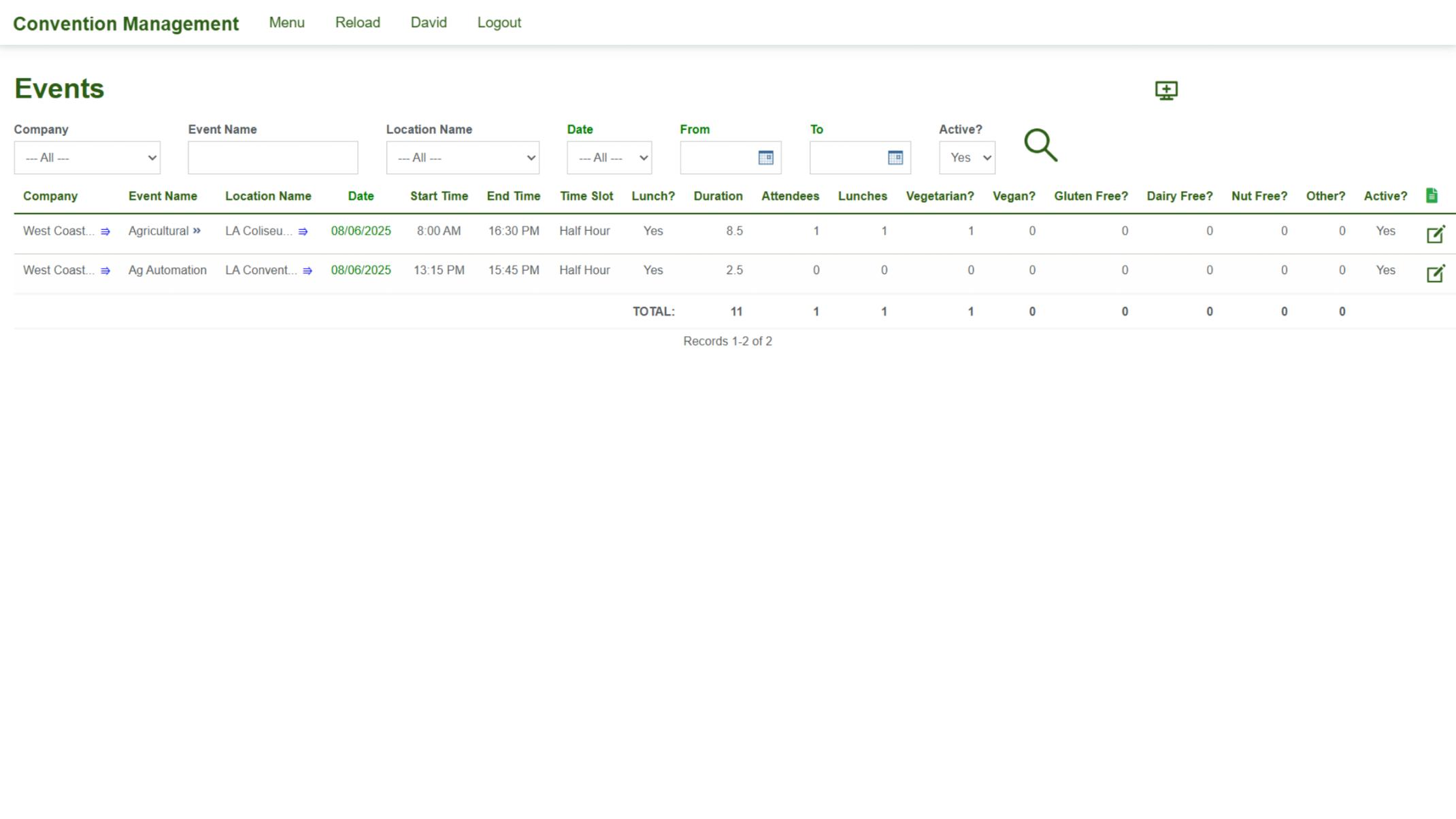 Screenshot of the Events section in a Convention Management system, showing a filtered list of scheduled events with attendee and dietary summary details.