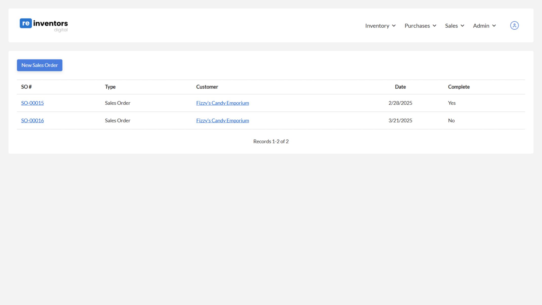 Screenshot of the sales order page in Reinventors' Inventory Control app.
